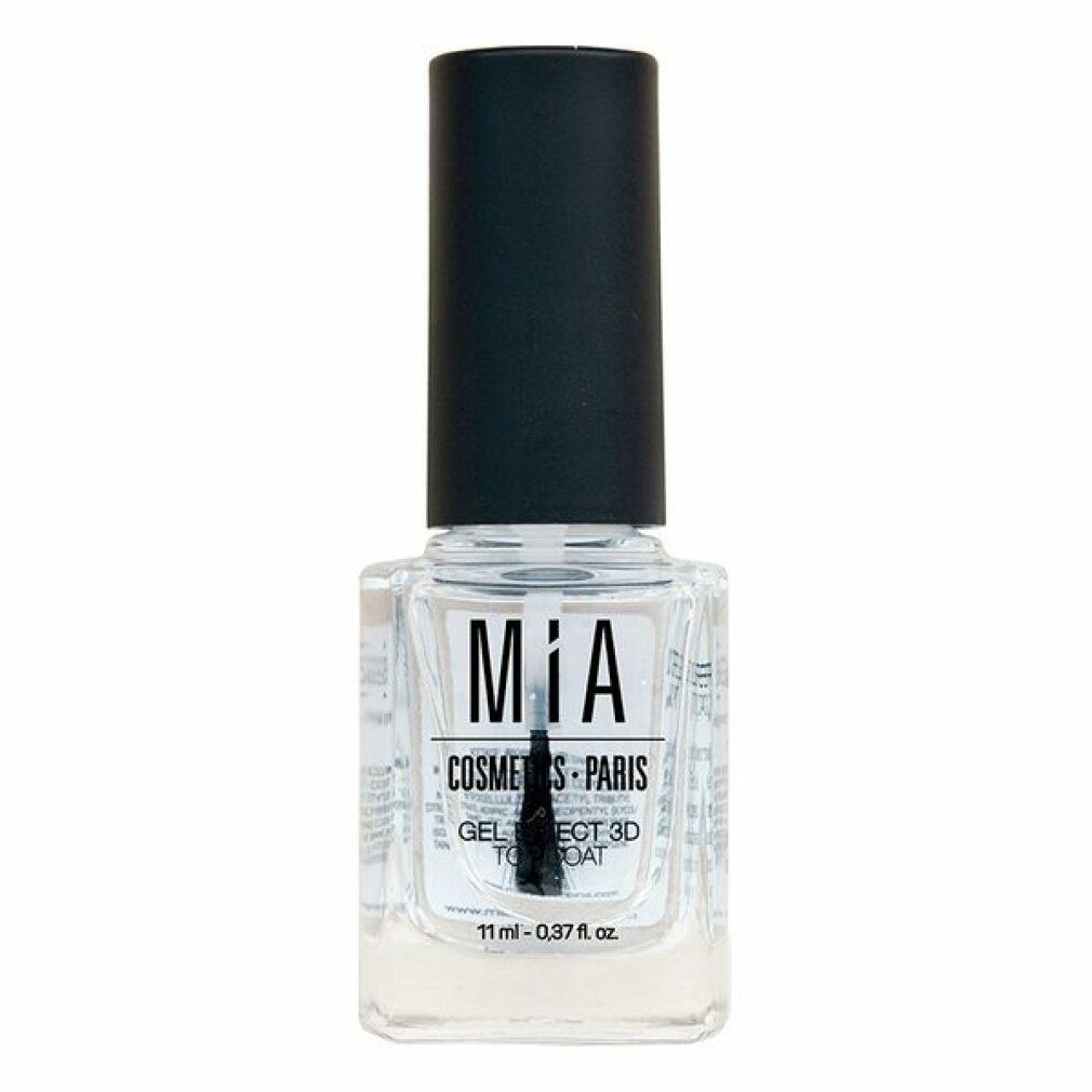 Flacone di smalto trasparente con tappo nero. Scritta: MIA, COSMETICS-PARIS, GEL EFFECT 3D TOP COAT. 11 ml - 0.37 fl. oz. Pennello visibile.