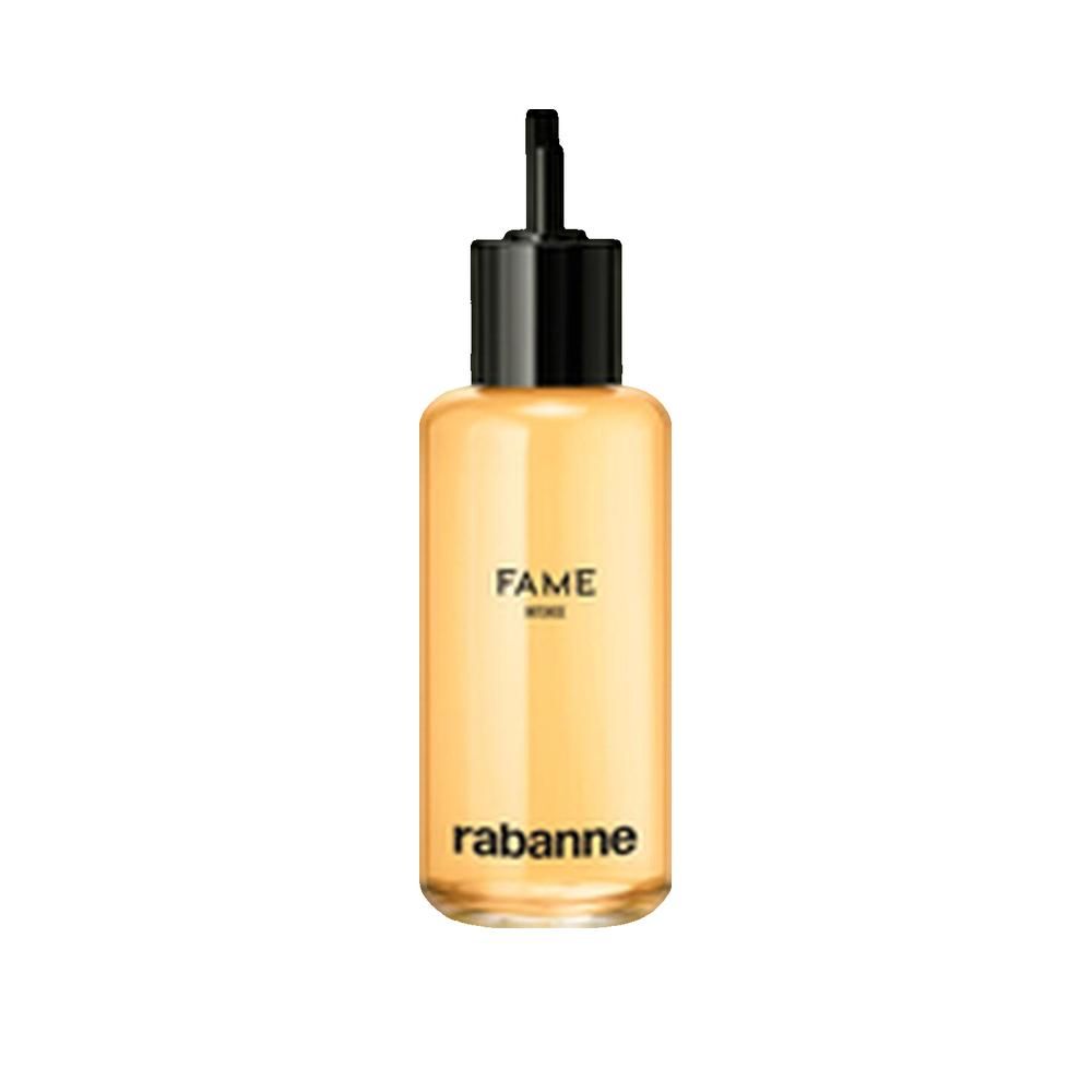 Flacone beige con tappo nero. Scritta: FAME INTENSE, rabanne.