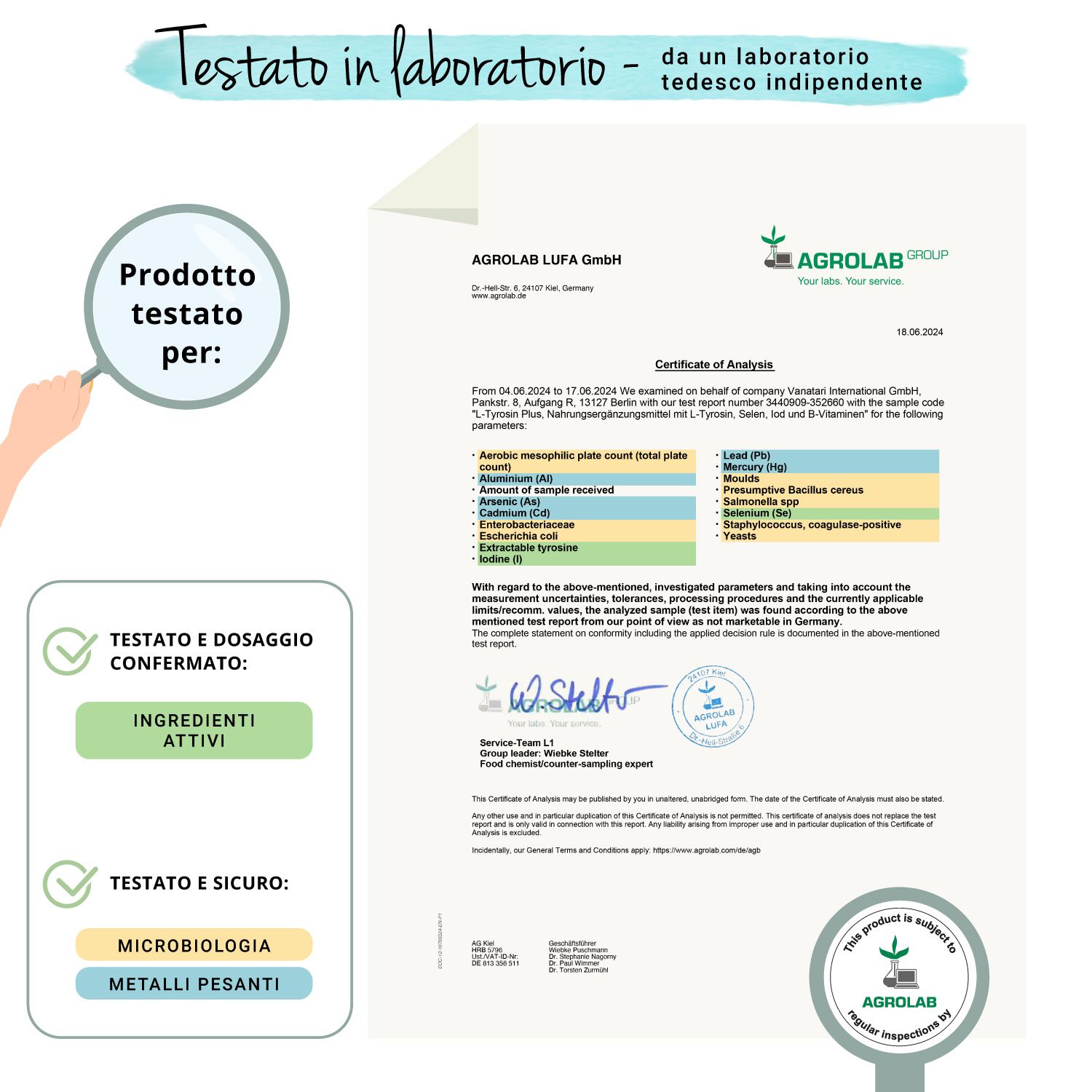 Rapporto di laboratorio con logo AGROLAB. Conferma degli ingredienti e della microbiologia.