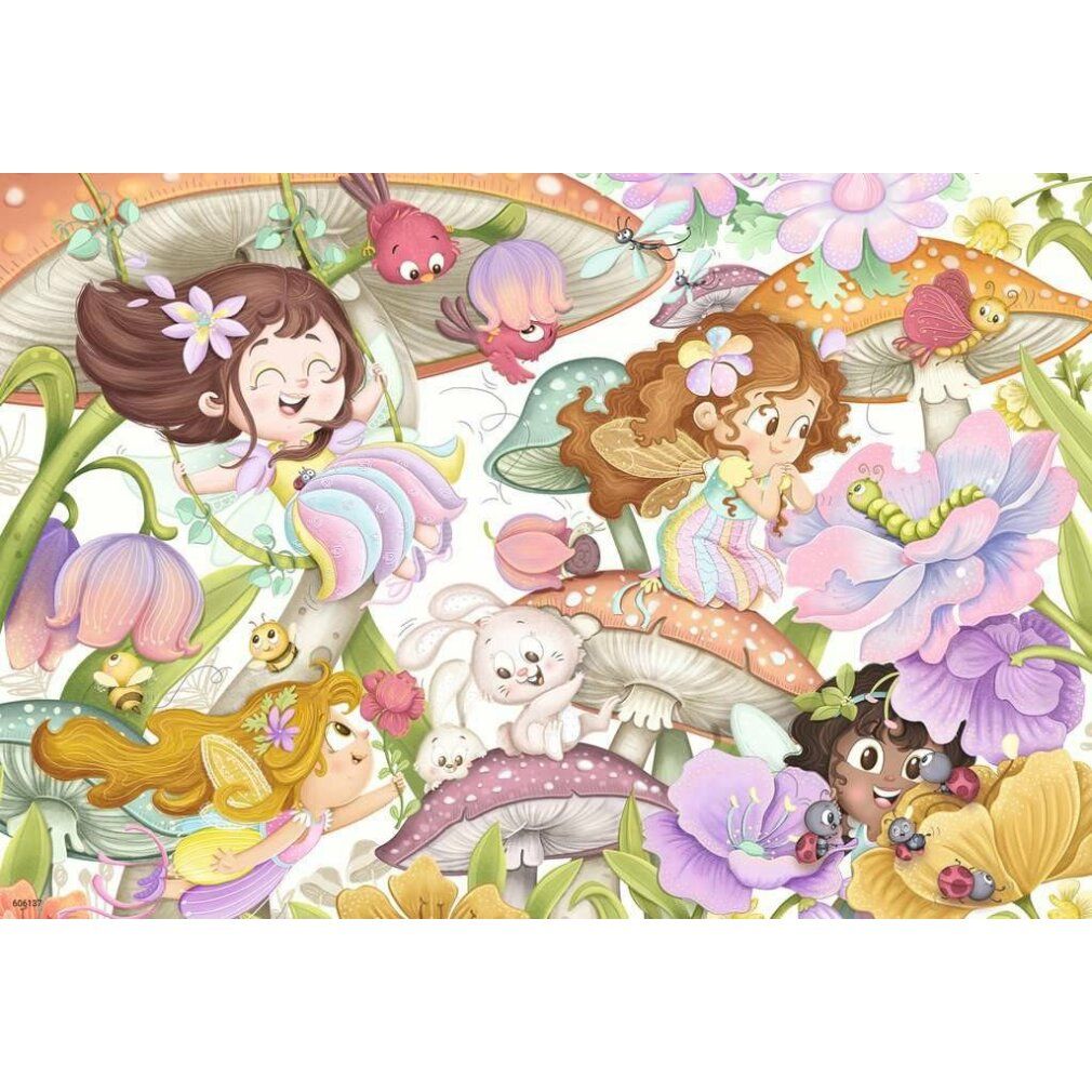 Puzzle per bambini con fate, fiori e funghi. Illustrazione colorata di fate, animali e piante. Rappresentazione dettagliata.