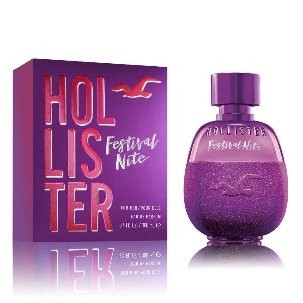 Flacone e confezione viola. Scritta: Hollister Festival Nite. Flacone con vaporizzatore. Confezione con logo.