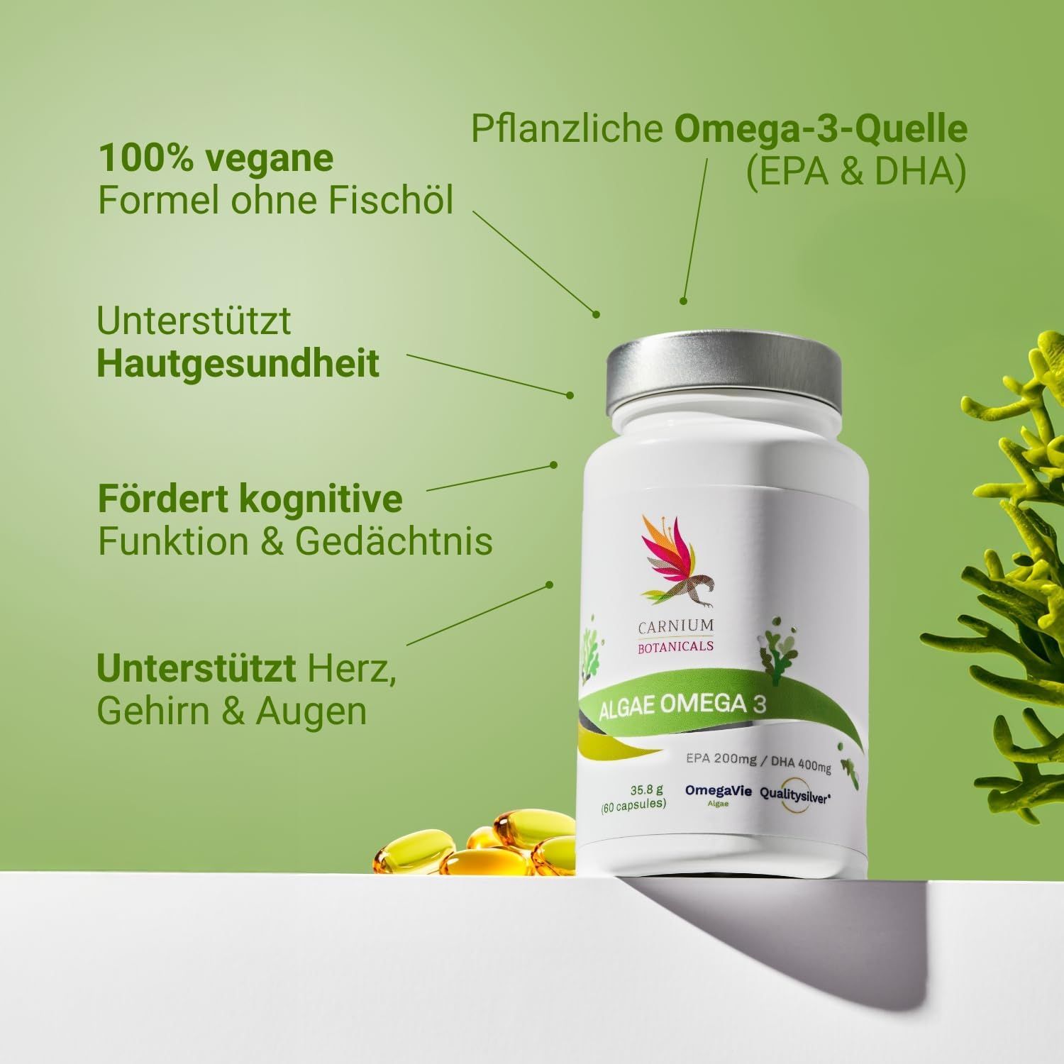 Flacone con scritta: Carnium Botanicals, Algae Omega 3. Testo: 100% vegano, supporta la salute della pelle, funzione cognitiva.