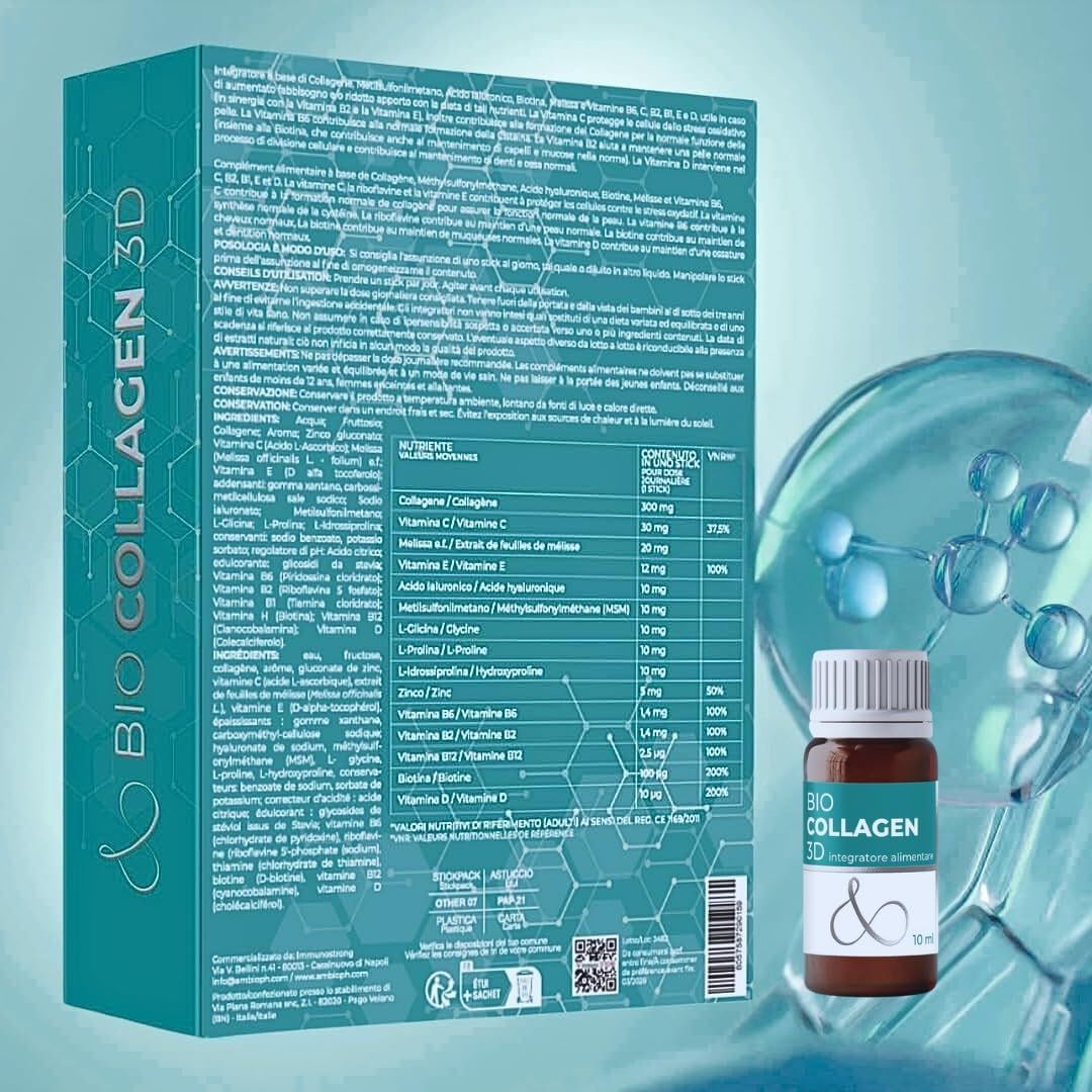 AMBIOPH - Collagene da Bere - Collagene e Acido Ialuronico, Biotina, Msm & Vitamina C
