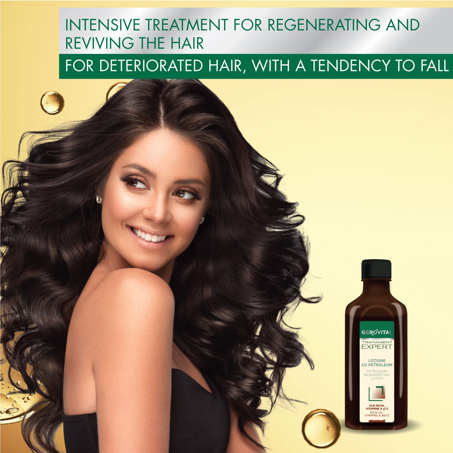 Donna con lunghi capelli scuri. Accanto, una bottiglia marrone con tappo nero. Testo: Gerovital, Tratament Expert.