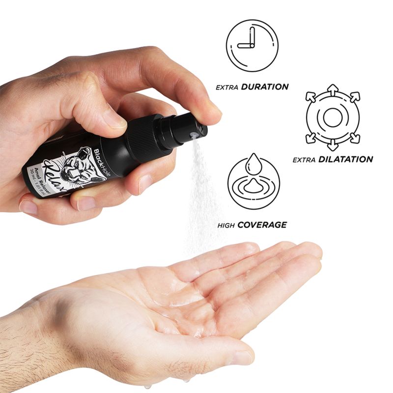 Mano che spruzza liquido da flacone nero. Simboli: Extra Duration, Extra Dilatation, High Coverage.