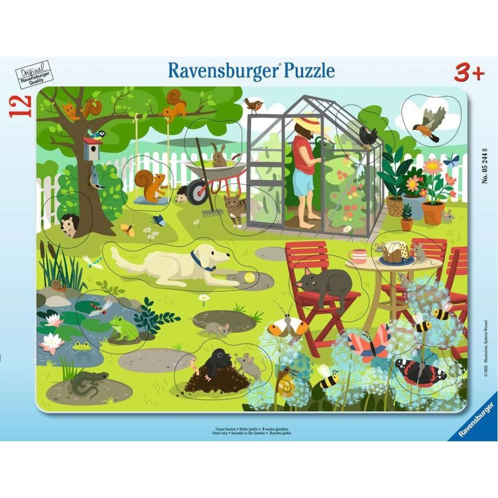 Puzzle "Unser Garten" Ravensburger. 12 pezzi. Da 3 anni. Scena di giardino con persone e animali.