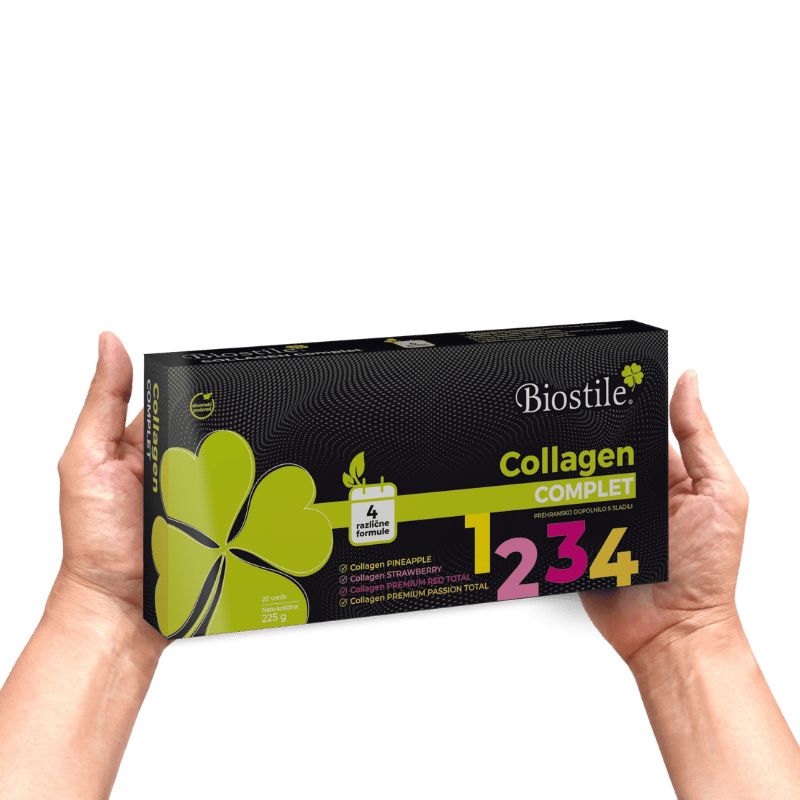 Mani che tengono la confezione di Biostile Collagen Komplett. Sfondo nero, grafica a trifoglio verde.