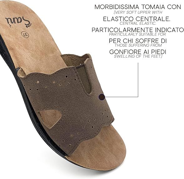 Sandalo marrone a punta aperta. Testo: tomaia, elastico, per piedi gonfi. Marchio Sanì.