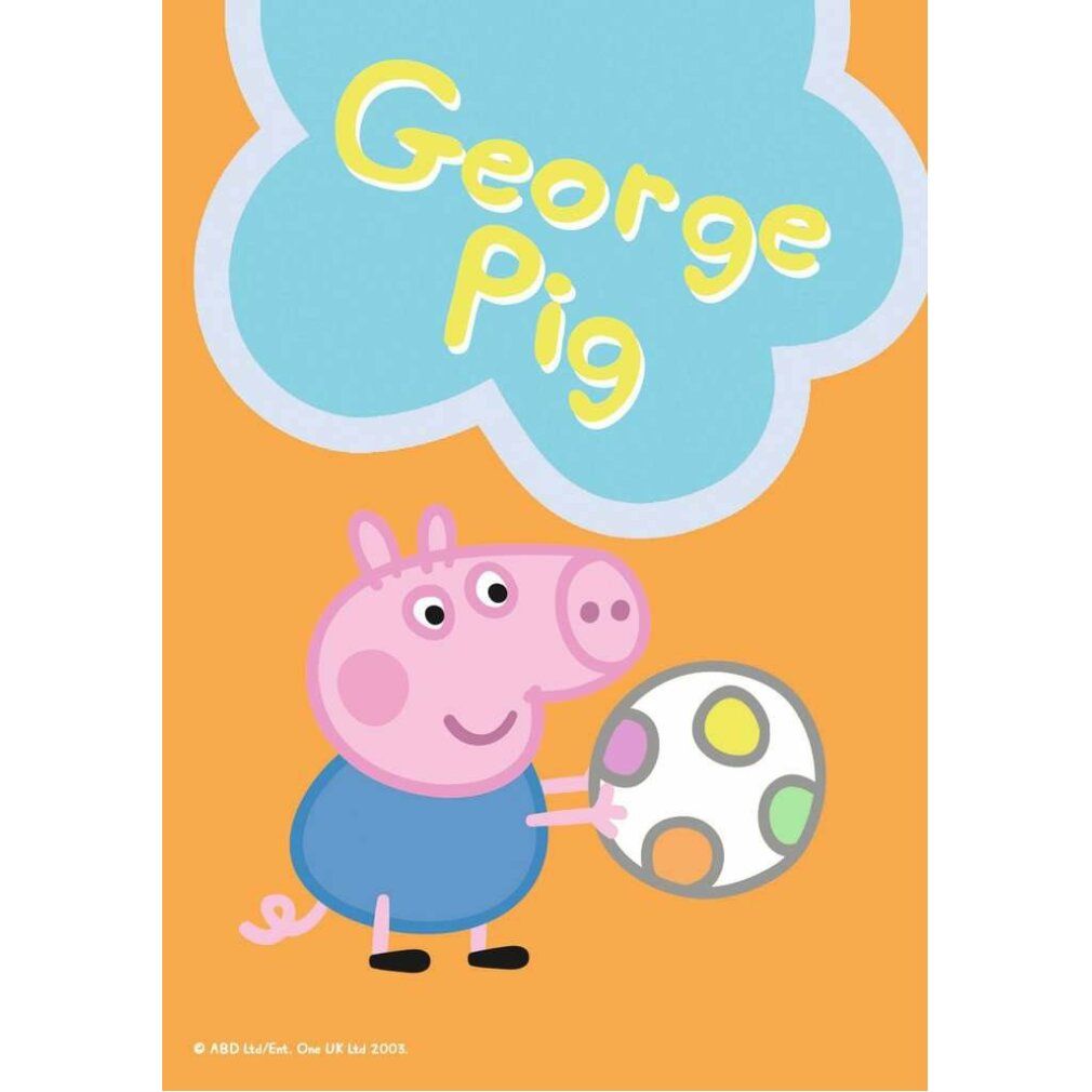 Puzzle con George Pig che tiene una palla. Sfondo arancione con elemento nuvola blu. Testo: George Pig.
