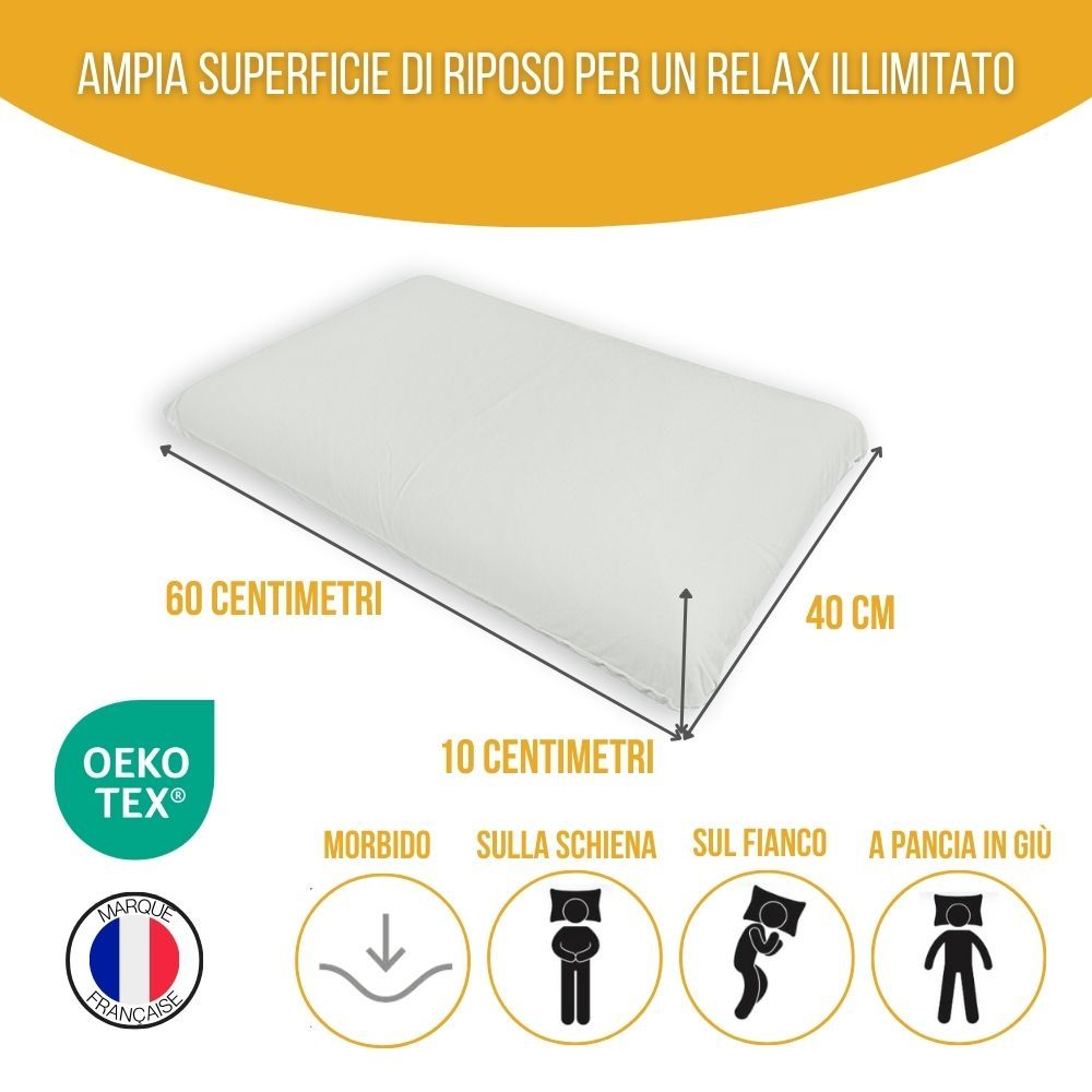 Cuscino bianco con dimensioni 60x40x10 cm. Certificazione Oeko-Tex. Simboli delle posizioni di sonno.