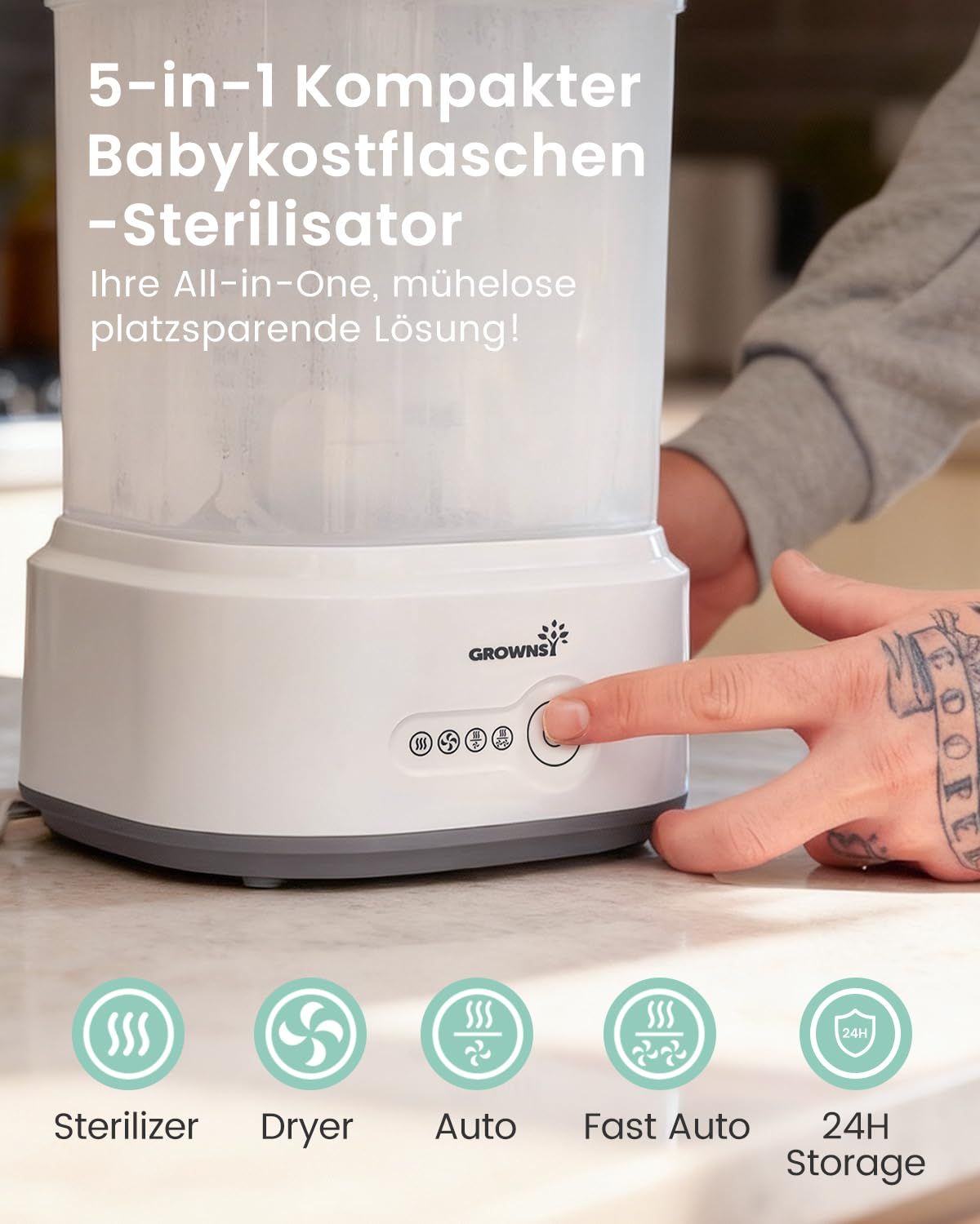 Sterilizzatore per biberon con funzione di asciugatura 5 in 1 Grownsy