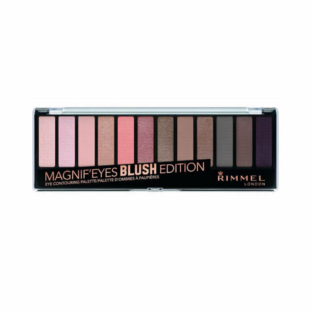 Palette ombretti Rimmel Magnif'eyes Blush Edition. 12 tonalità in una palette nera. Testo sulla confezione.