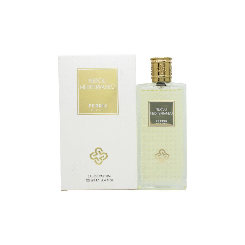 Flacone di profumo e confezione. Flacone rettangolare, trasparente. Confezione bianca con dettagli dorati. Testo: Néroli Mediterraneo, Perris.