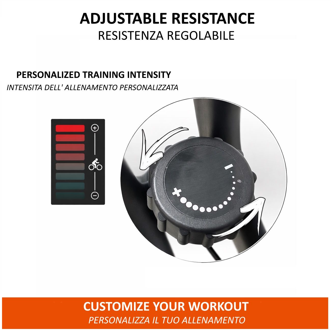 Resistenza regolabile. Manopola rotante con indicatori. Visualizzazione intensità allenamento.