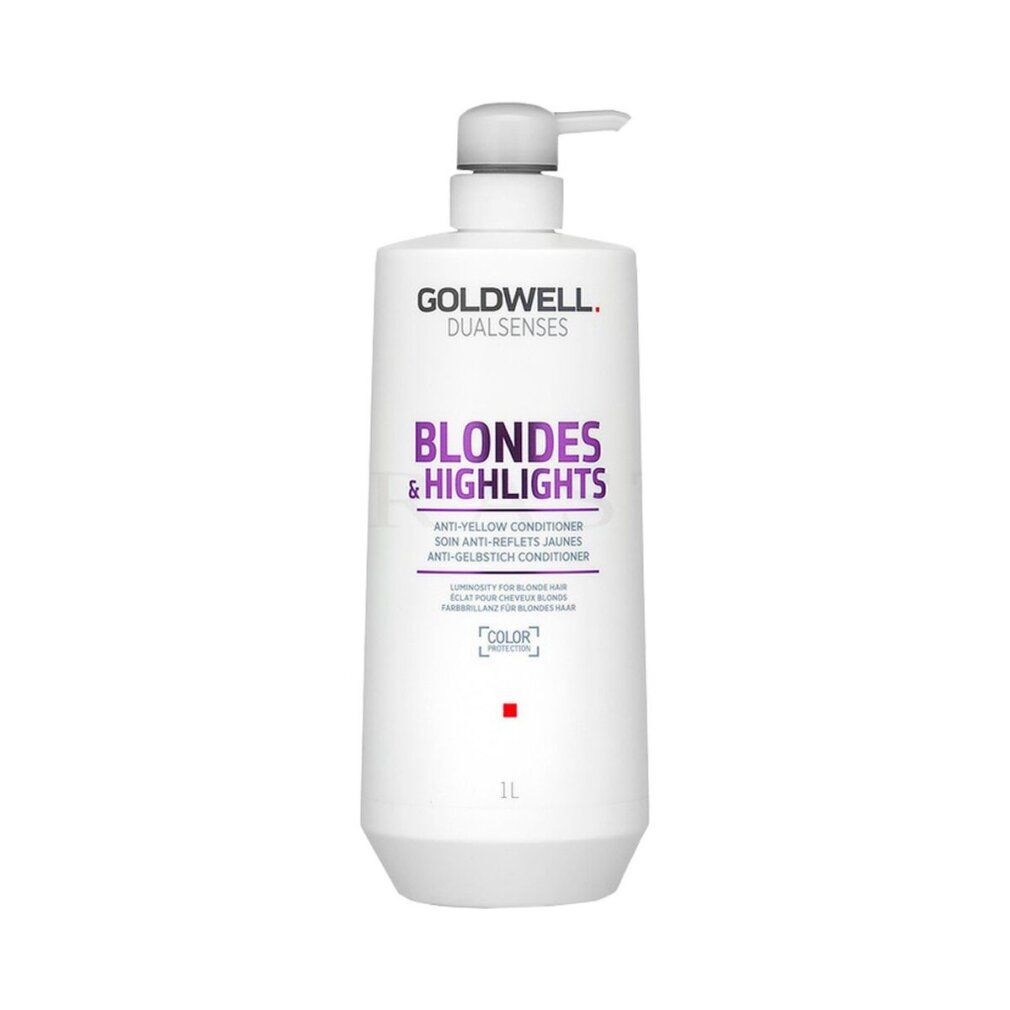 Conditioner Goldwell Dual Senses. Flacone bianco con pompa. Scritta: Blondes & Highlights, Anti-giallo. 1L.