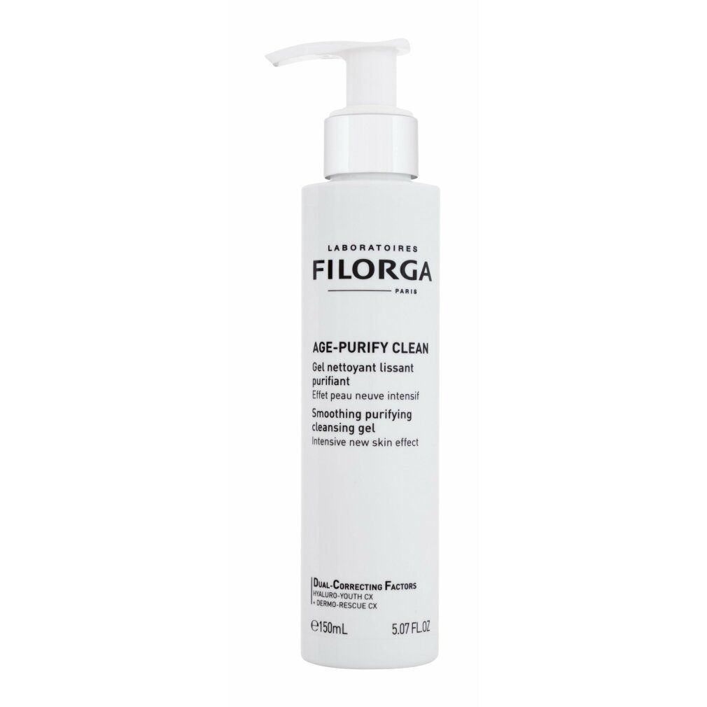 Flacone bianco con dosatore. Scritta: FILORGA PARIS, AGE-PURIFY CLEAN, Gel nettoyant lissant purifiant. 150ml.