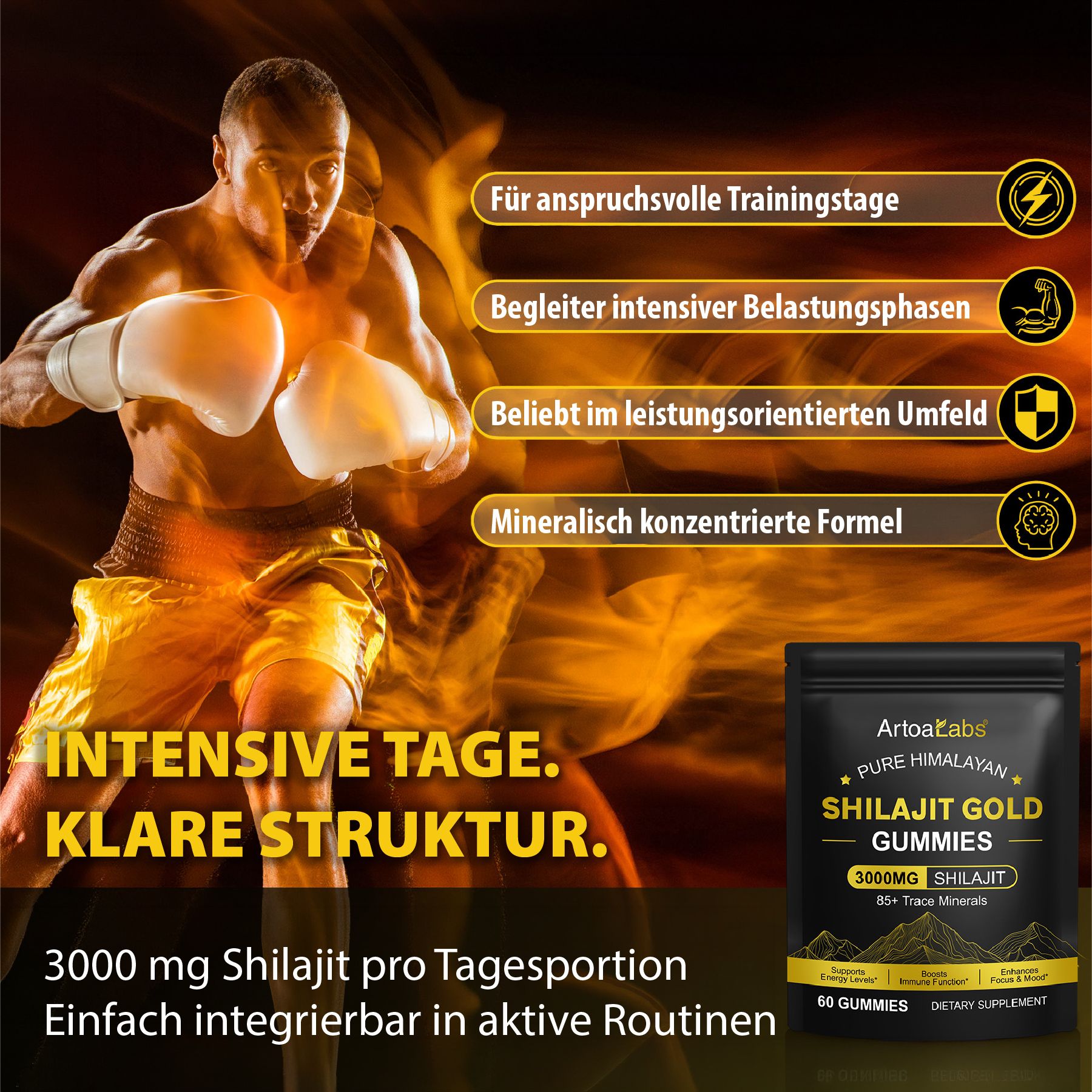 Atleta con guantoni da boxe. Confezione nera con informazioni sul prodotto. Testo: ArtoaLabs, Shilajit Gold Gummies, 3000mg Shilajit, 60 Gummies.