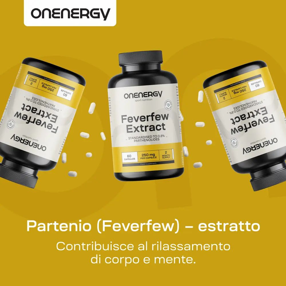 Donna che si allunga all'aperto, accanto a un flacone di estratto di Partenio OnEnergy.