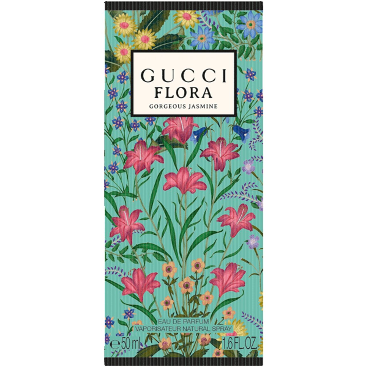 Scatola turchese con motivo floreale e nome del prodotto. Contiene informazioni e volume.