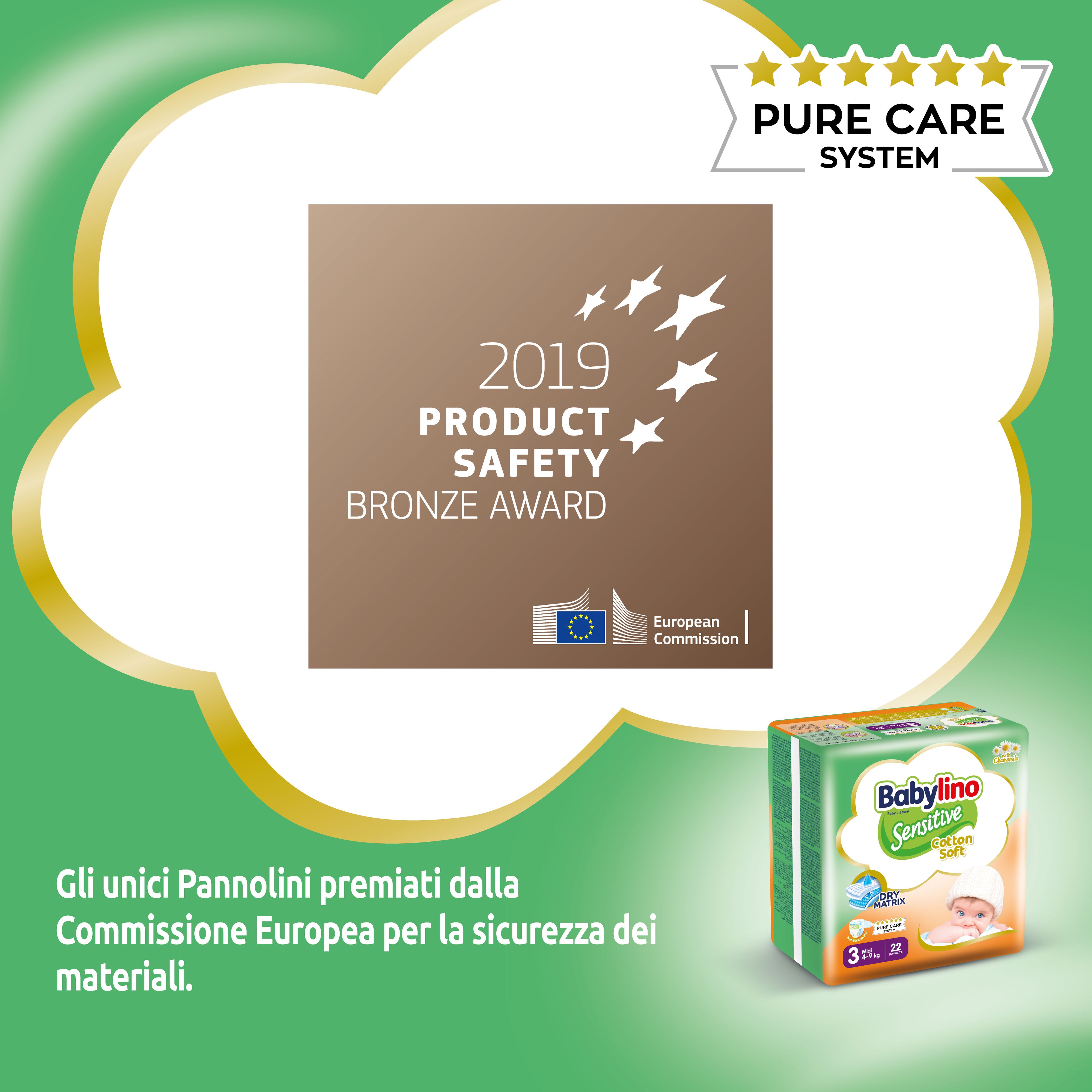 Premio Bronzo 2019 Product Safety. Confezione di pannolini Babylino Sensitive sullo sfondo.