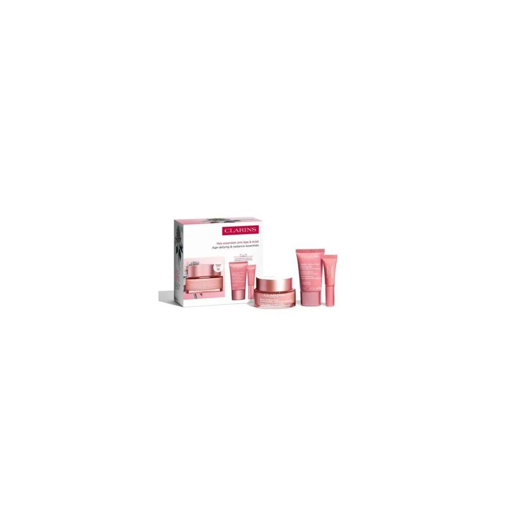 Set regalo con crema e tubetti rosa. Confezione con immagine del prodotto. Scritta Clarins.