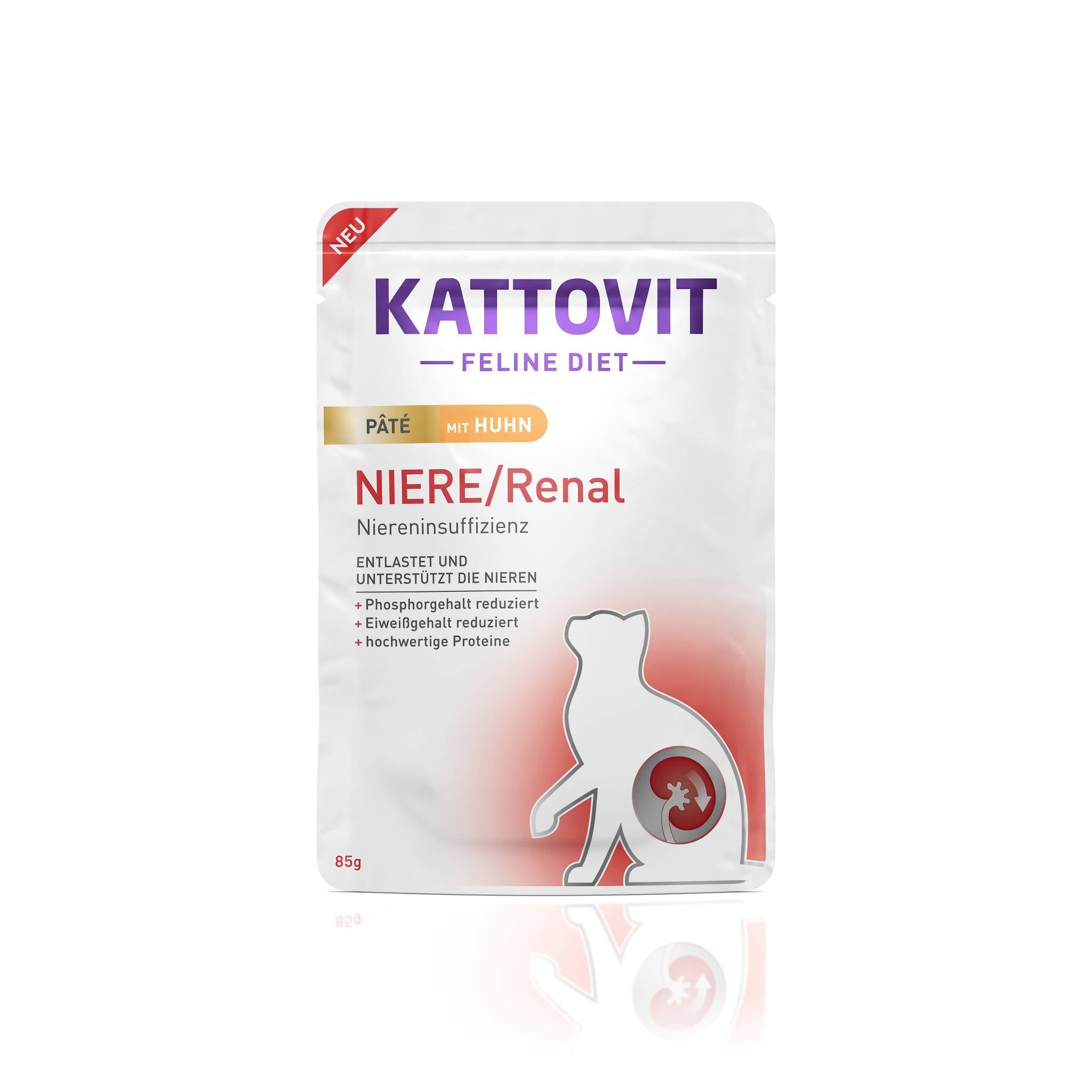 Confezione bianca con logo KATTOVIT e testo. "Niere/Renal" e sagoma di gatto con simbolo renale. Etichetta "NEU".
