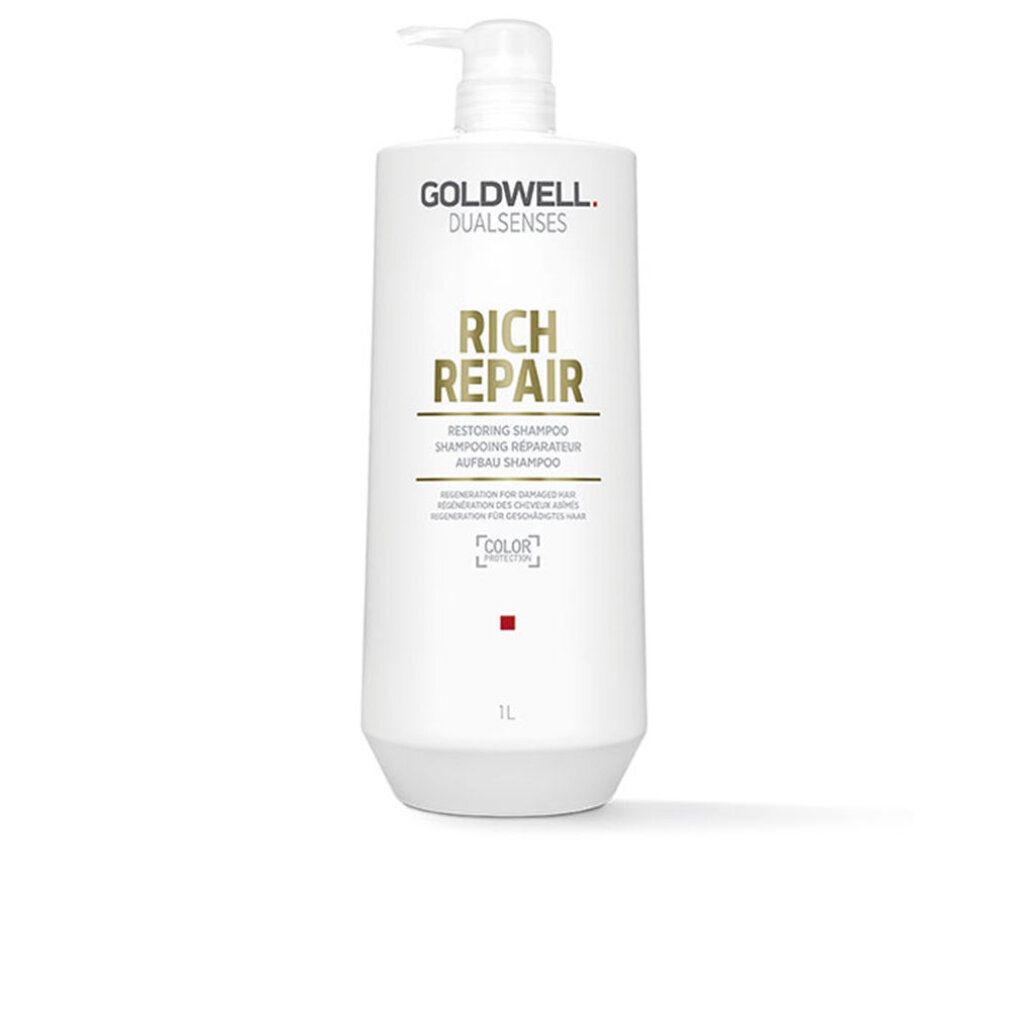Goldwell Dual Senses Rich Repair Shampoo. Flacone bianco con dosatore. Scritta gialla 'Rich Repair'. Testo: Restoring Shampoo. 1L.