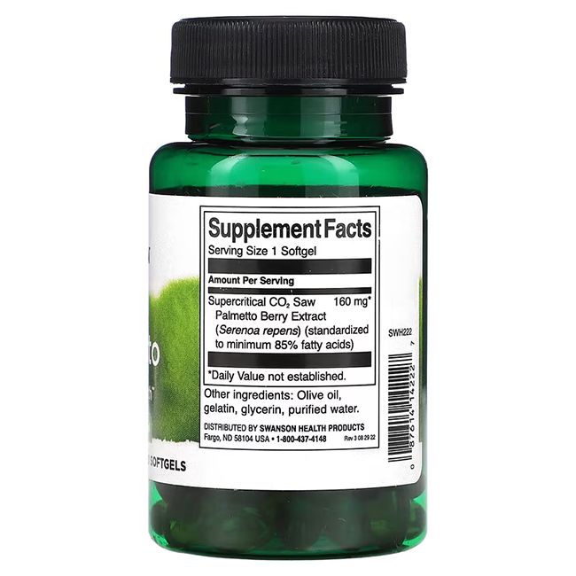 Retro di un flacone verde. Scritta: Supplement Facts, 160 mg estratto di Saw Palmetto, ingredienti, Swanson Health Products.