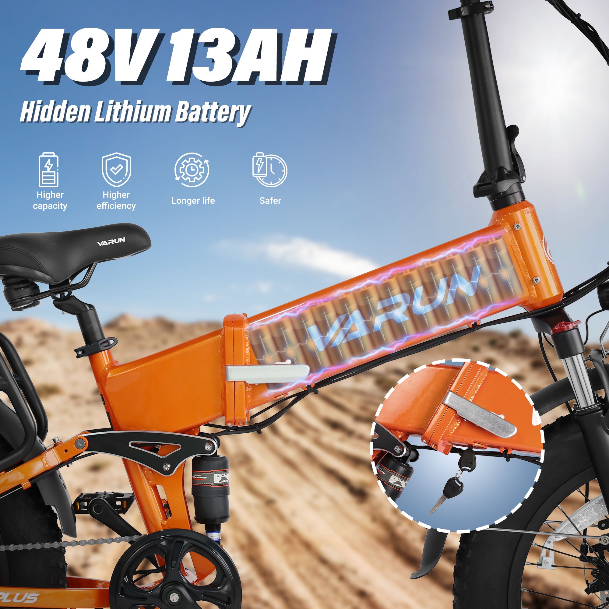 Bicicletta elettrica pieghevole arancione VARUN S20-2. Batteria 48V 13Ah visibile. Dettagli: maggiore capacità, efficienza, durata e sicurezza.