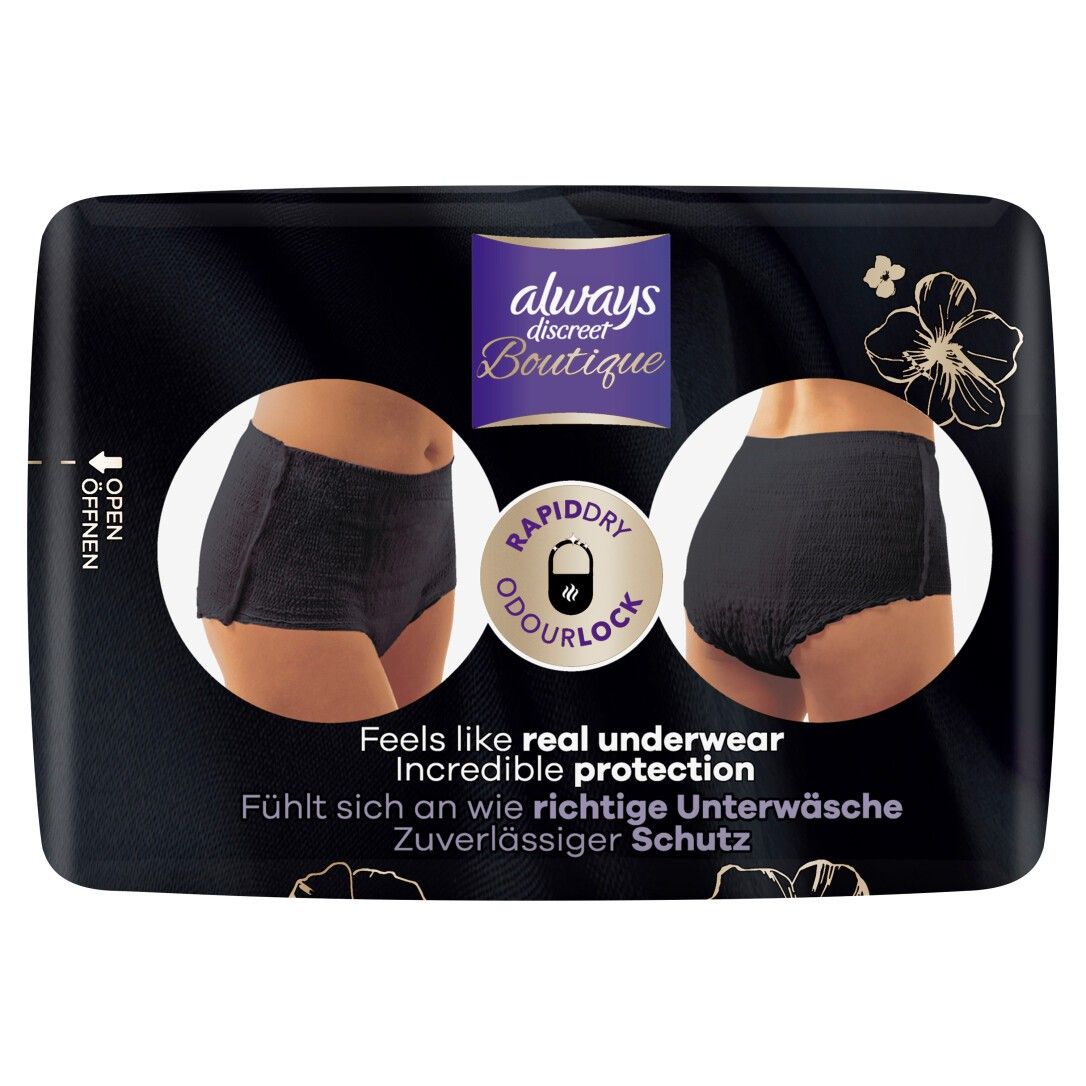 Confezione Always Discreet Boutique. Biancheria intima nera. Testo: Sensazione di vera biancheria intima.
