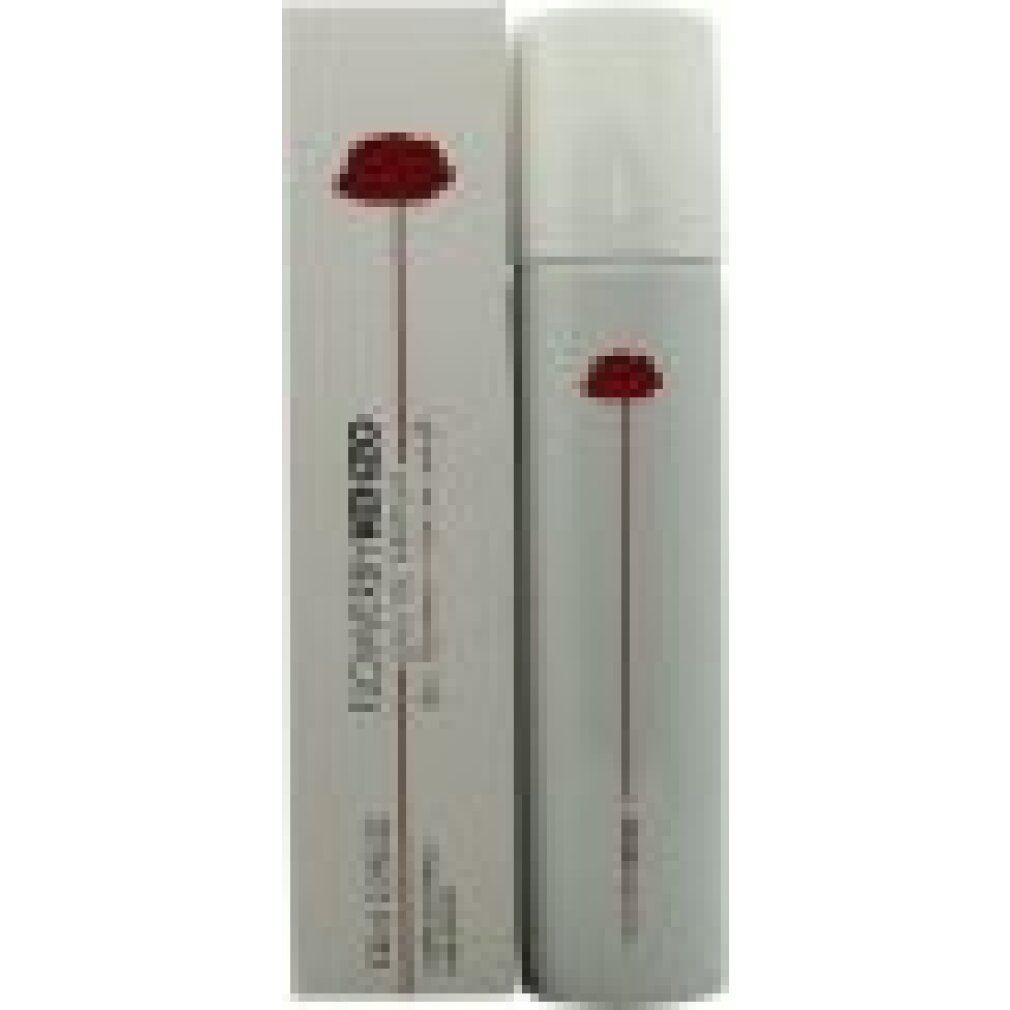 Spray grigio con fiore rosso e scritta. Scatola con lo stesso design. Scritta: FlowerbyKenzo, Eau de Parfum, 100ml.