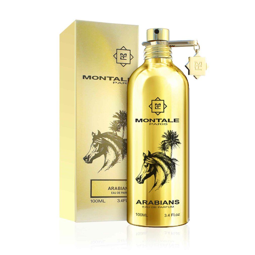 Flacone dorato con confezione. Scritta: MONTALE PARIS, ARABIANS.