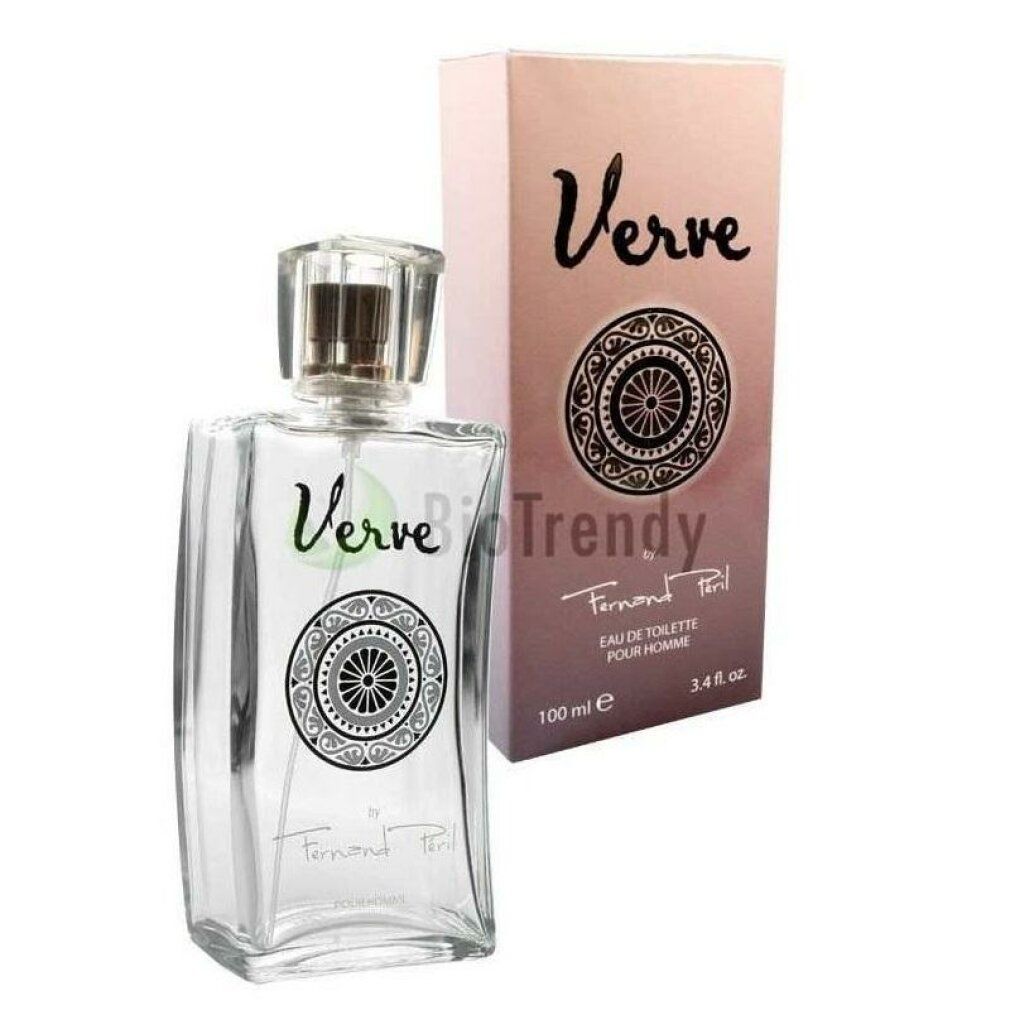 Flacone trasparente di forma rettangolare. Scritta "Verve by Fernand Péril". Confezione rosa con logo.