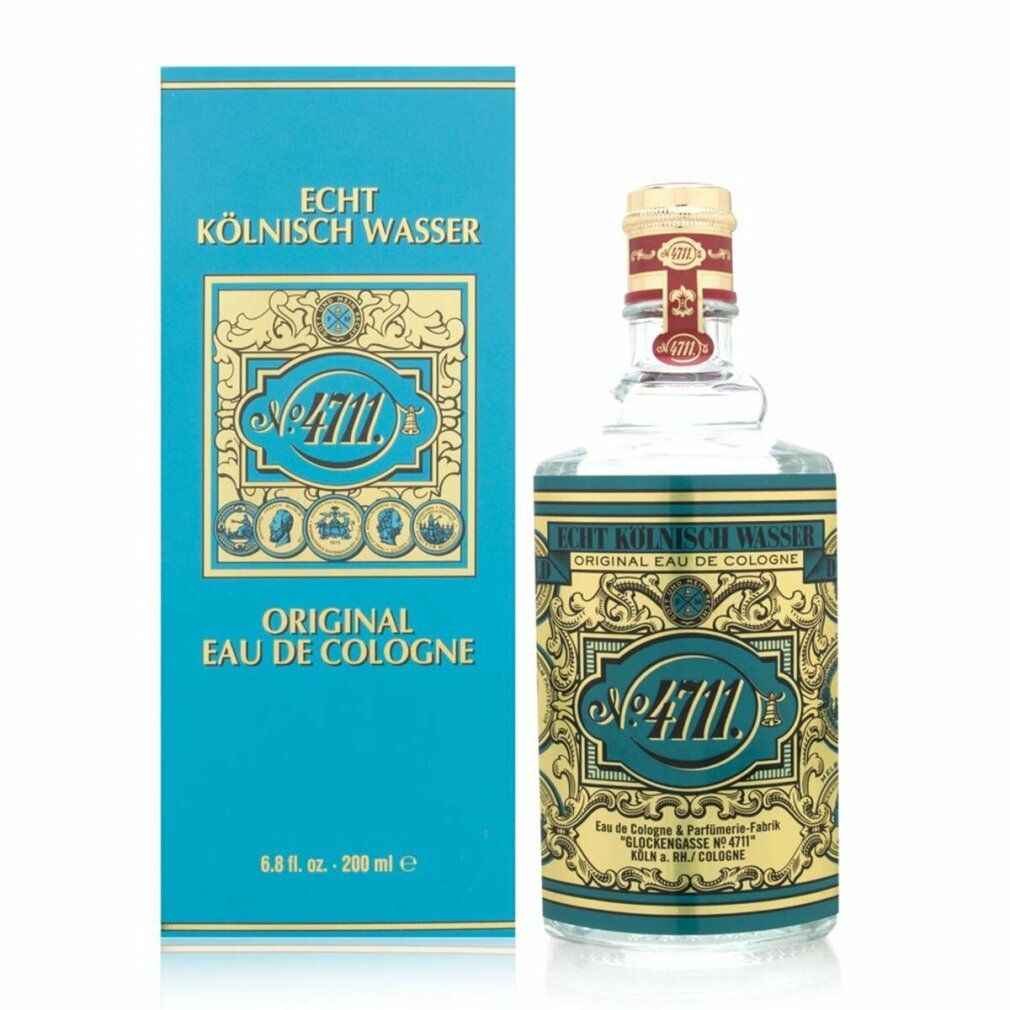 Flacone in vetro e scatola turchese. Scritta: Echt Kölnisch Wasser, 4711, Original Eau de Cologne. Etichetta dorata.