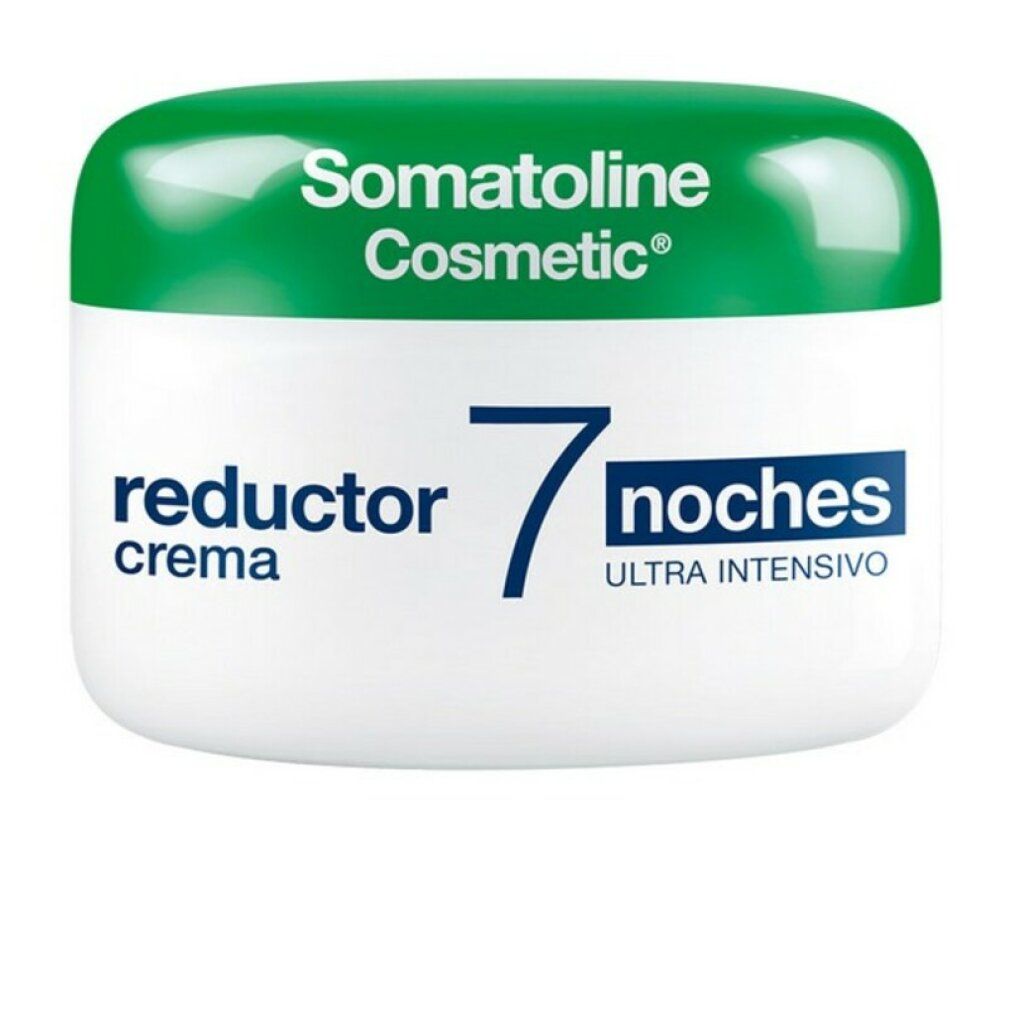 Vasetto bianco, coperchio verde. Scritta: Somatoline Cosmetic, Reductor 7 Noches Ultra Intensivo.