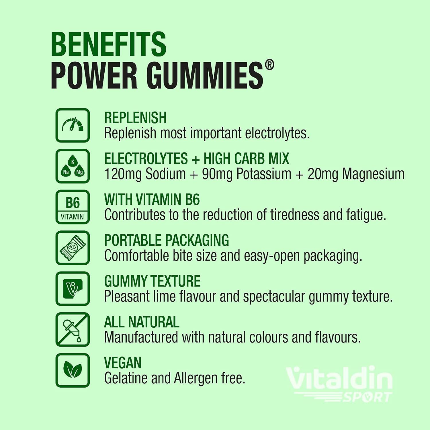 Testo con i vantaggi di Power Gummies: elettroliti, vitamina B6, confezione portatile, vegano. Logo Vitaldin Sport.