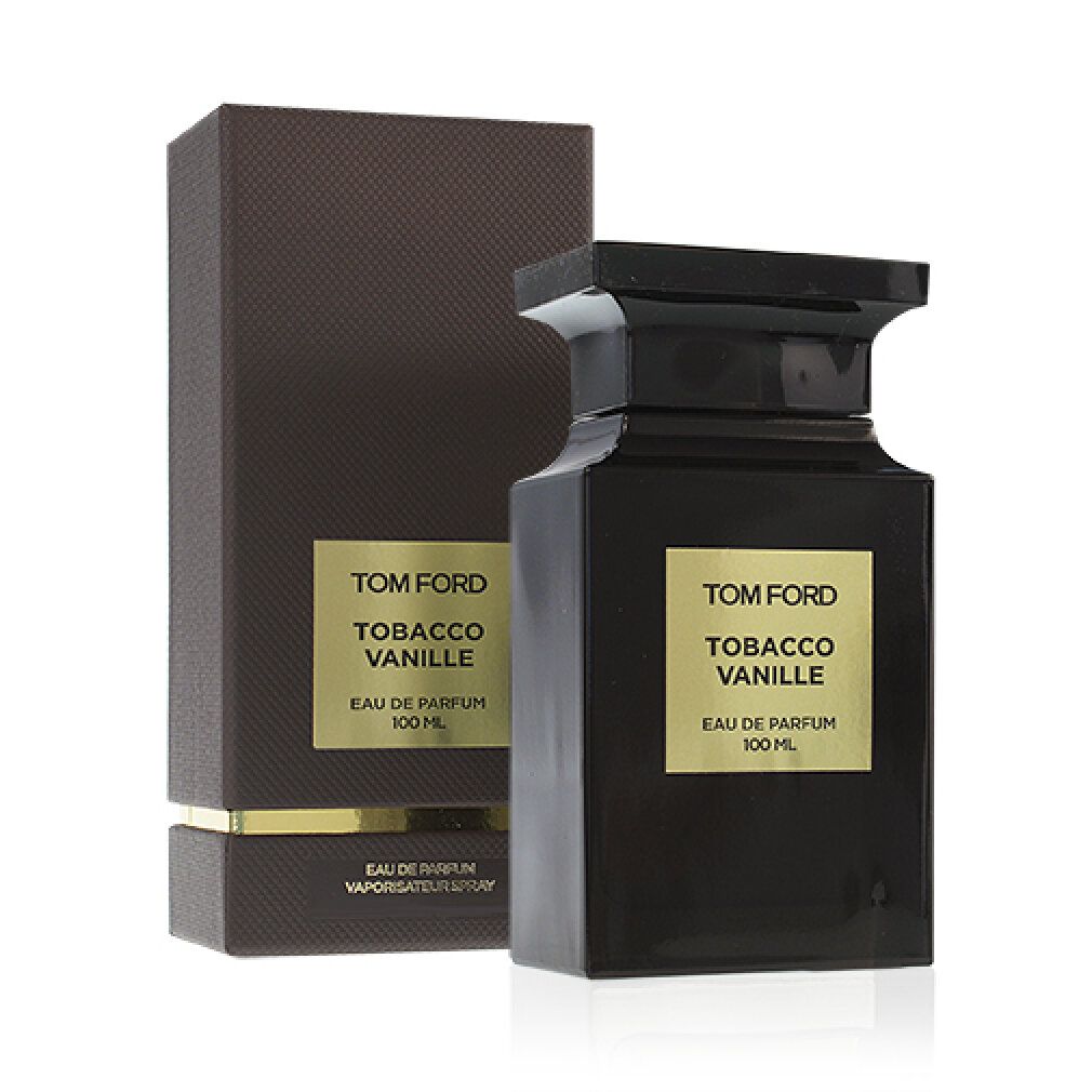 Flacone e confezione marrone scuro. Scritta: Tom Ford Tobacco Vanille Eau de Parfum. Etichette dorate. Tappo nero.
