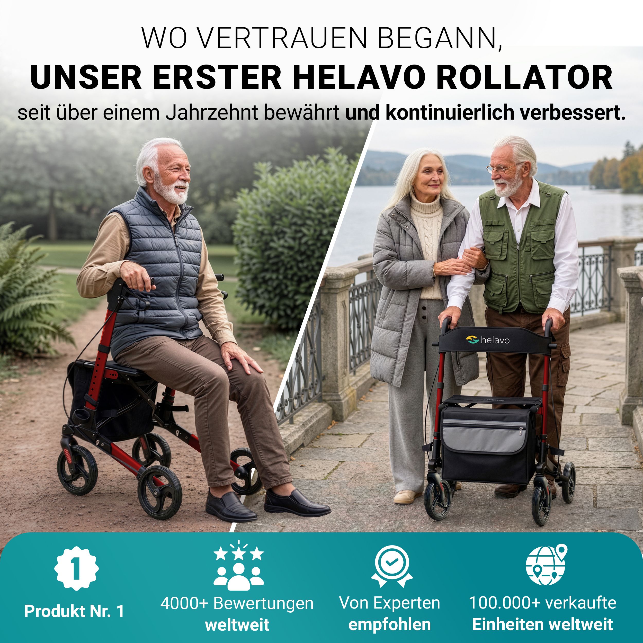 Rollator Helavo rosso e nero, con sedile e borsa. Per anziani in un parco.