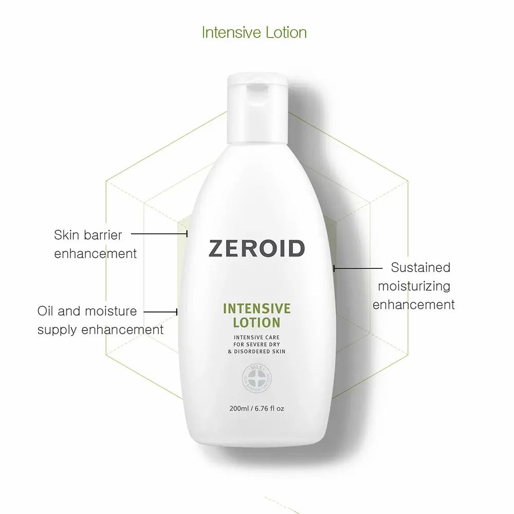 Flacone ZEROID Intensive Lotion con testo. Diagramma con frecce e testo: barriera cutanea, idratazione.