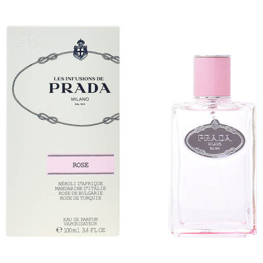 Flacone di profumo e confezione. Scritta: Prada Les Infusions de Rose.