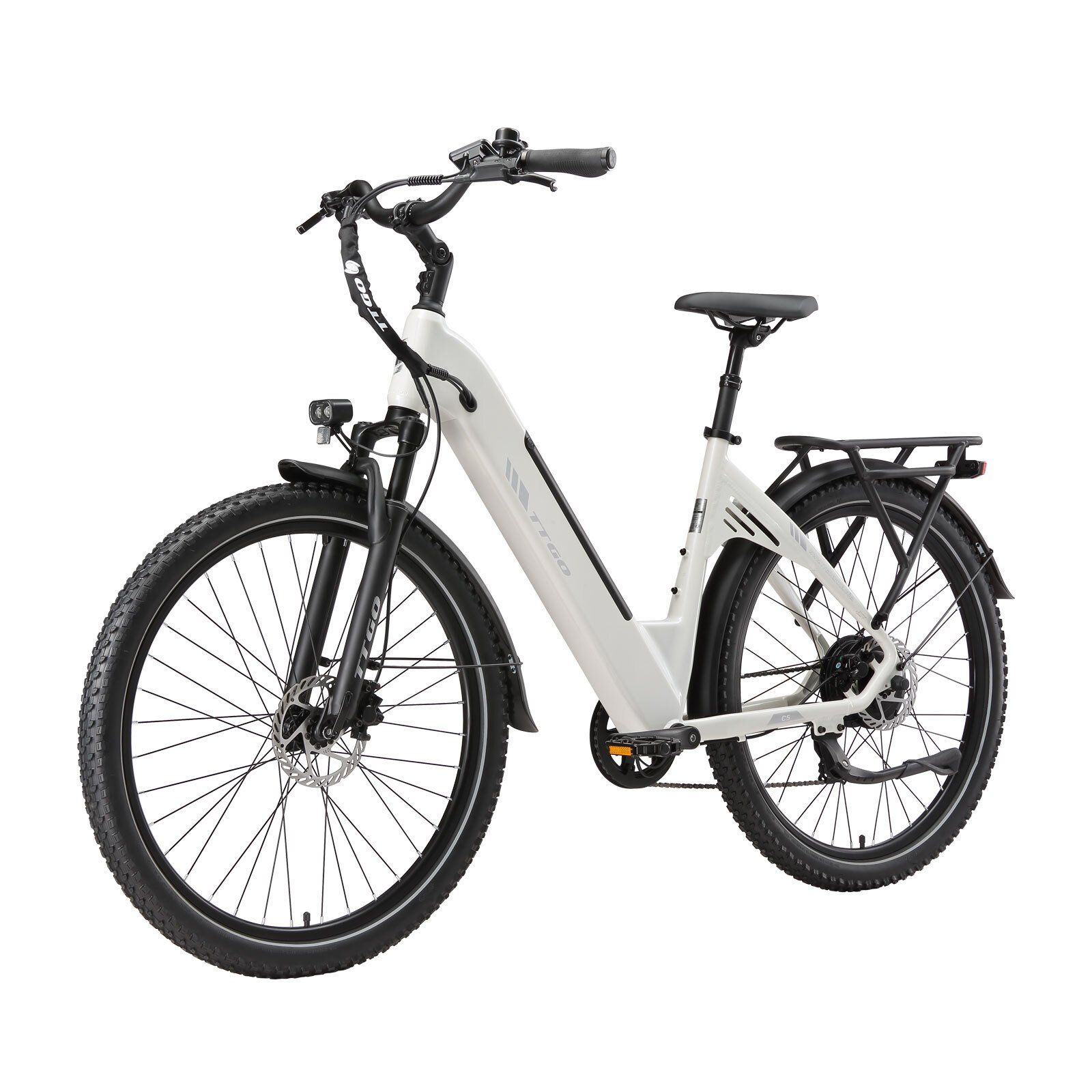 E-bike bianco con pneumatici e dettagli neri. Portapacchi, parafanghi e faro visibili.
