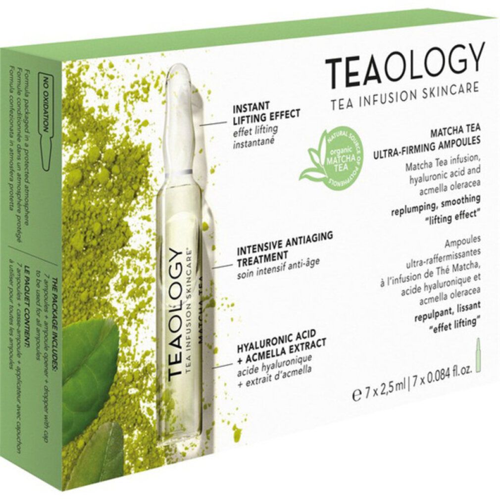 Confezione Teaology Matcha Tea Ultra-Firming Ampoules. Scatola verde e bianca con fiala, polvere di matcha e foglie.