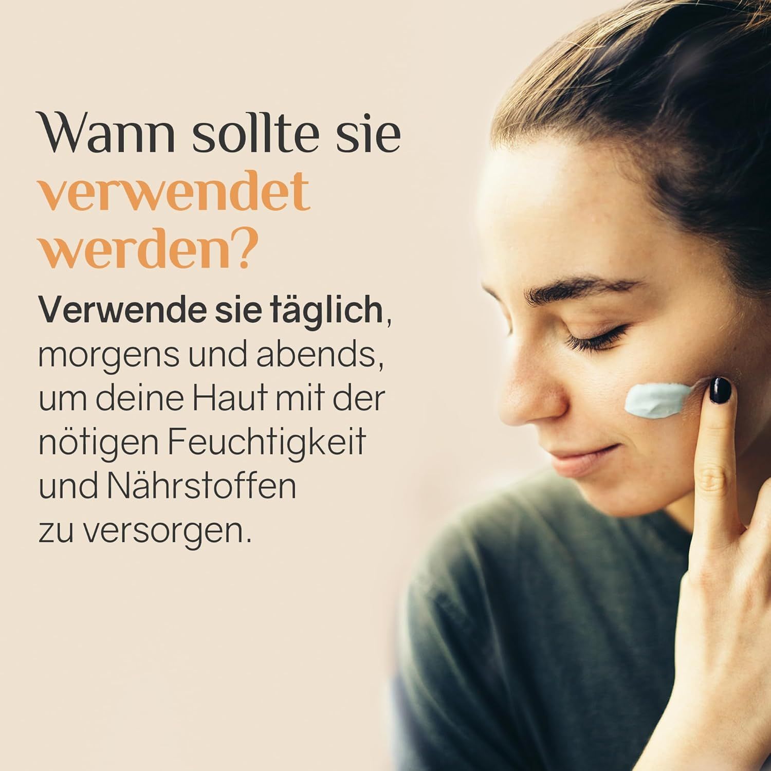 Donna applica crema. Testo: Usare mattina e sera. Idratazione e nutrimento per la pelle. Marchio: Ardaraz.