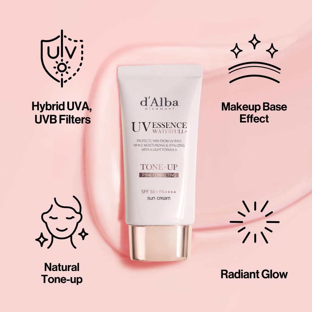 d'Alba UV Essence Waterfull Tone-up Sunscreen. Tubo bianco con informazioni sul prodotto. Simboli per filtri UVA/UVB, base trucco, tono naturale, luminosità.