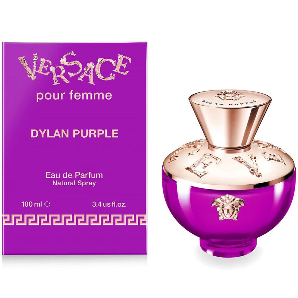 Flacone e scatola viola. Tappo dorato. Scritta: Versace Pour Femme Dylan Purple. 100 ml.