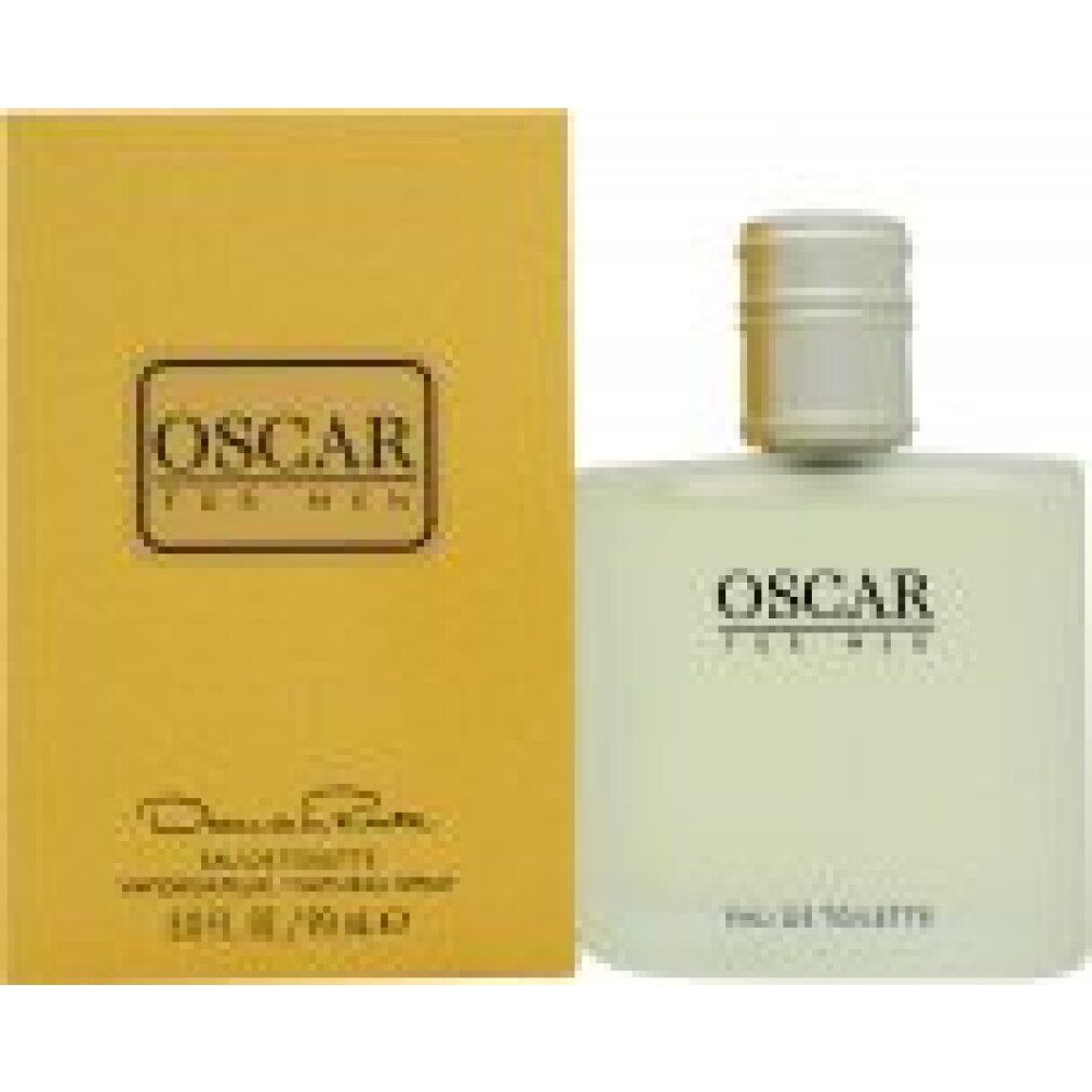 Scatola gialla e flacone rettangolare. Sul flacone: "OSCAR FOR MEN". Sulla scatola: "Oscar de la Renta".