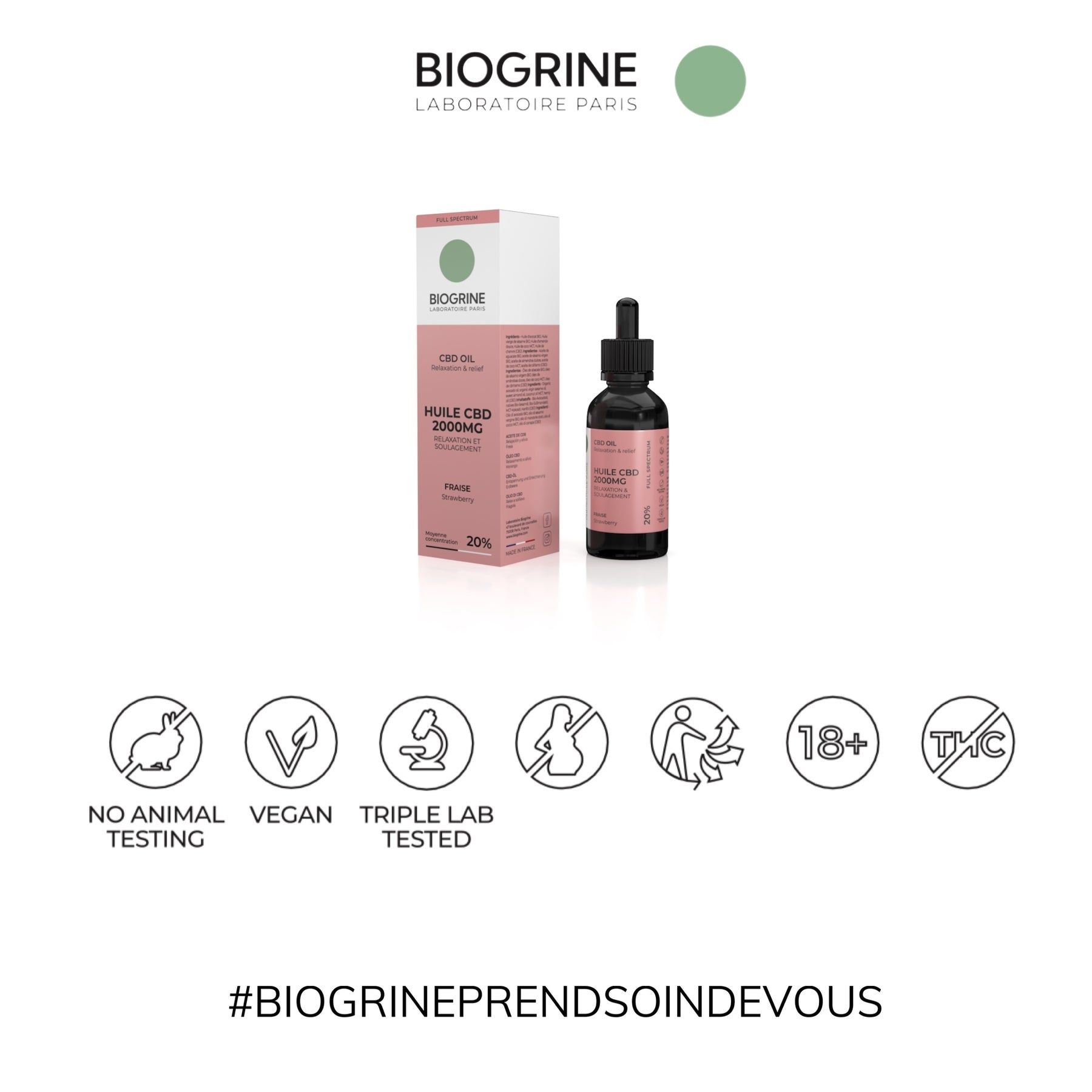 Flacone e confezione di BIOGRINE CBD-Öl. Loghi: No Animal Testing, Vegan, Triple Lab Tested, 18+, Senza THC.