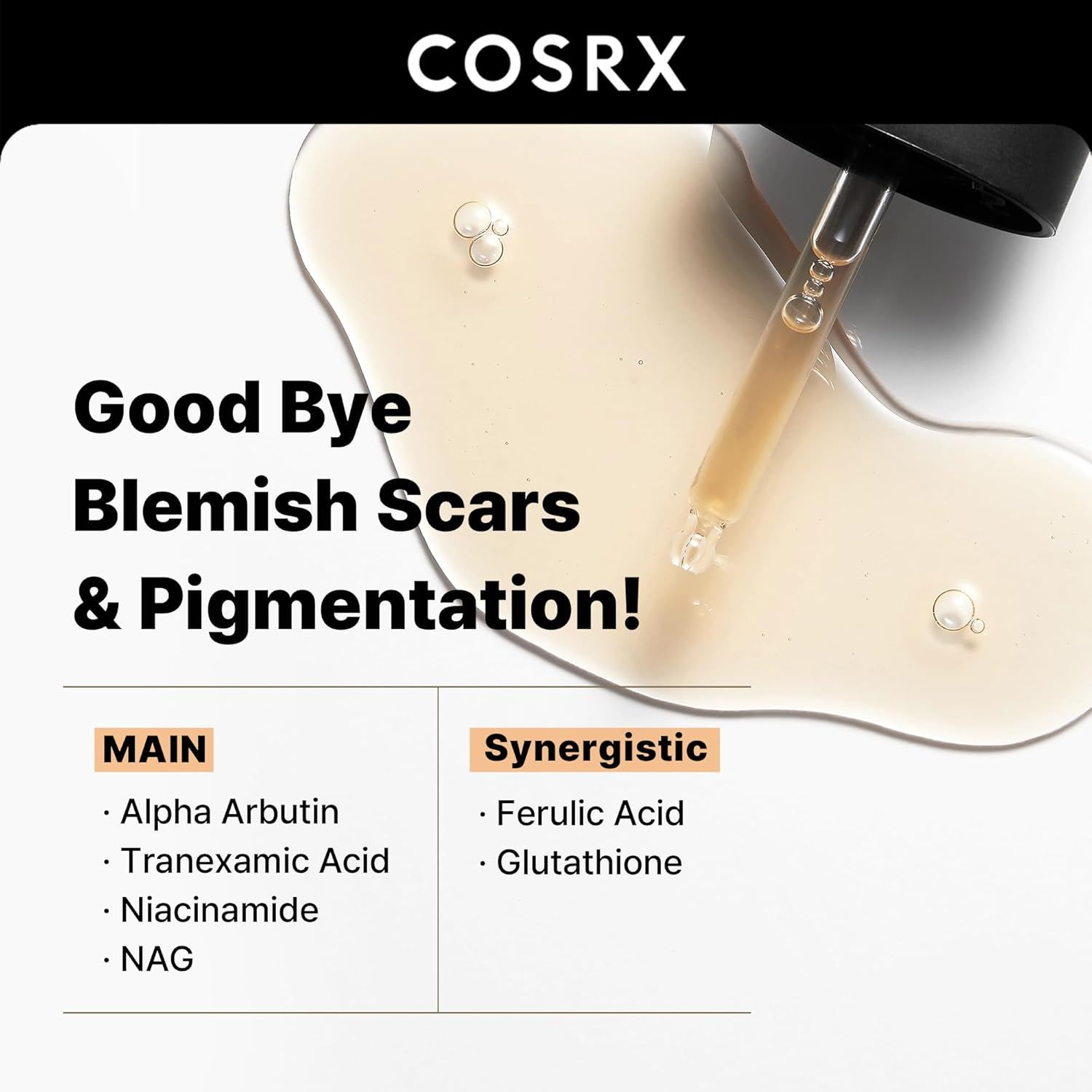 Siero con Alpha-Arbutin. Testo: Good Bye Blemish Scars & Pigmentation! Ingredienti principali e sinergici. Marchio COSRX.