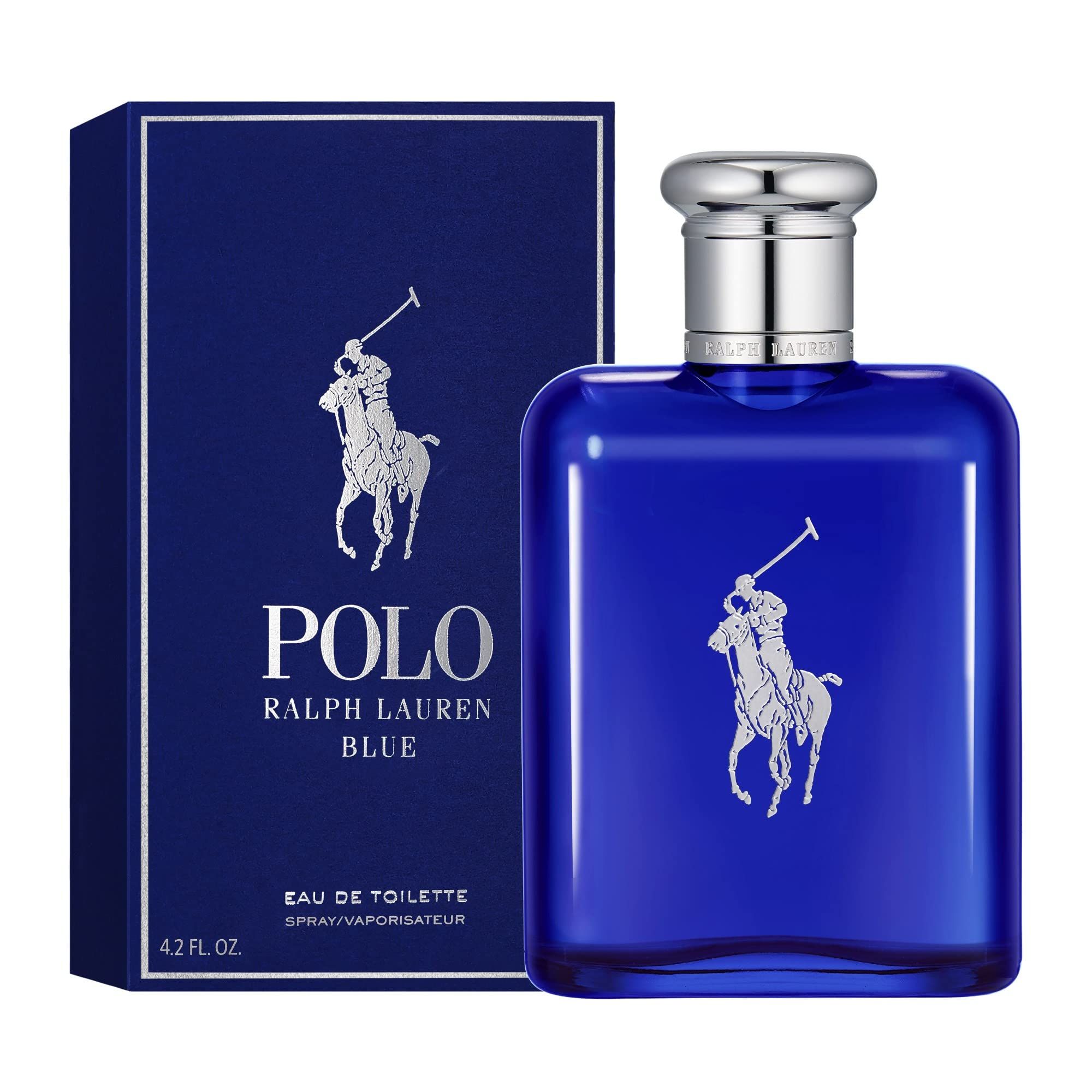 Flacone di profumo blu e scatola. Testo: POLO RALPH LAUREN BLUE, Eau de Toilette, 4.2 FL OZ.