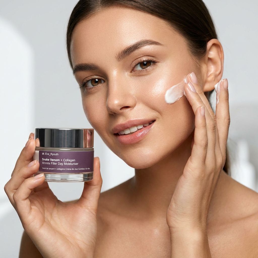 Donna applica Dr. Eve_Ryouth crema idratante giorno effetto filler rughe Veleno di serpente + collagene.